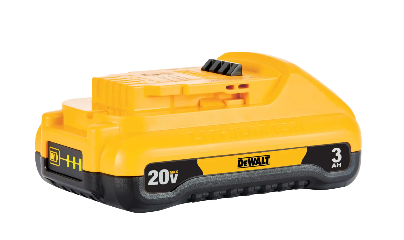 Un paquete de batería DEWALT 20V MAX de litio-ion 3Ah, mostrado en amarillo y negro, diseñado para herramientas eléctricas.