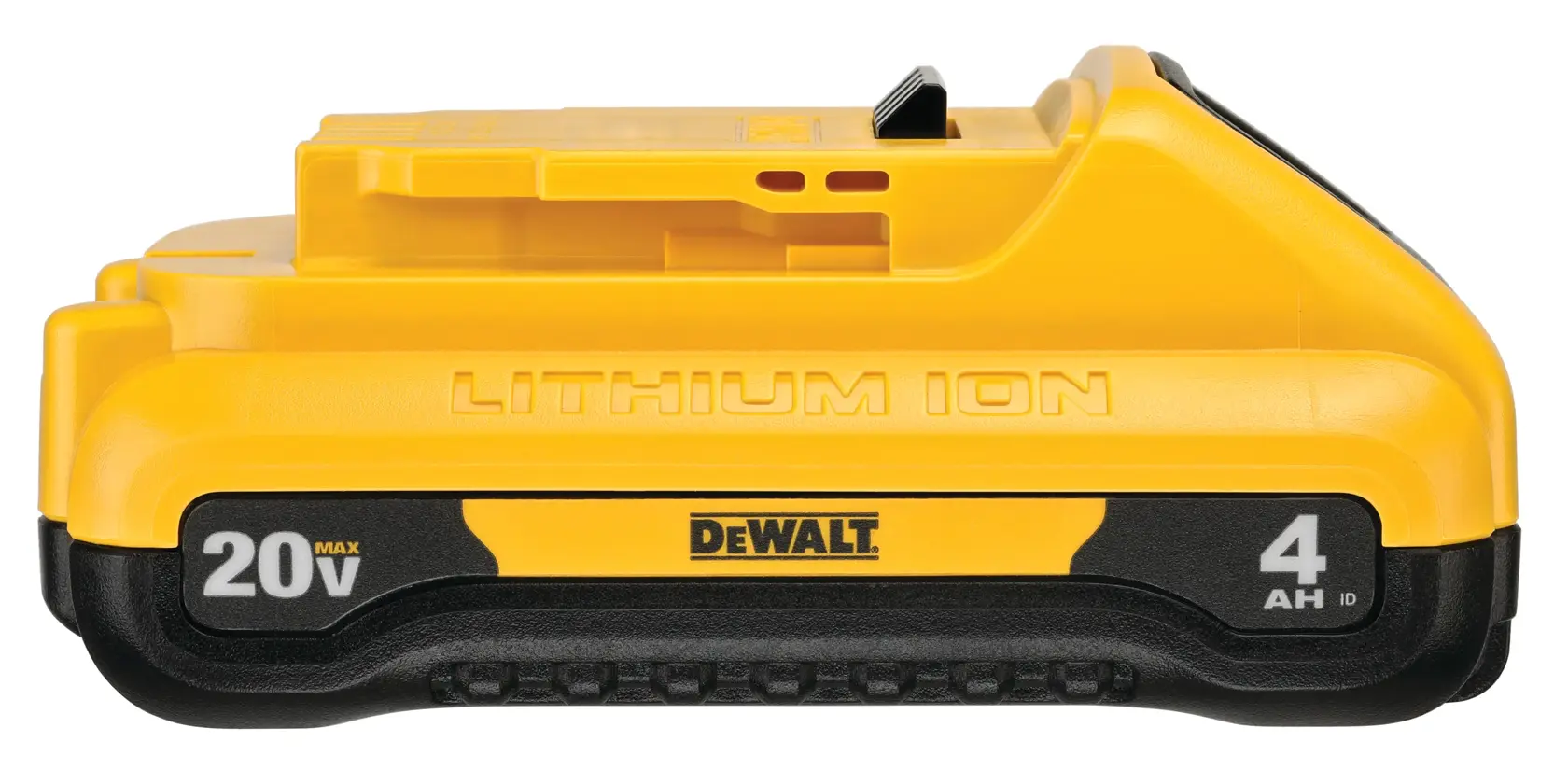 Batería DEWALT 20V MAX de iones de litio con una capacidad de 4Ah, mostrada con carcasa amarilla y negra.