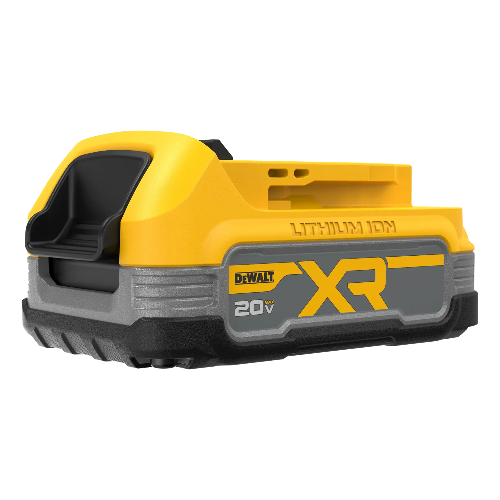 Una batería de ion de litio DEWALT XR 20V, de color amarillo y negro, diseñada para herramientas eléctricas.