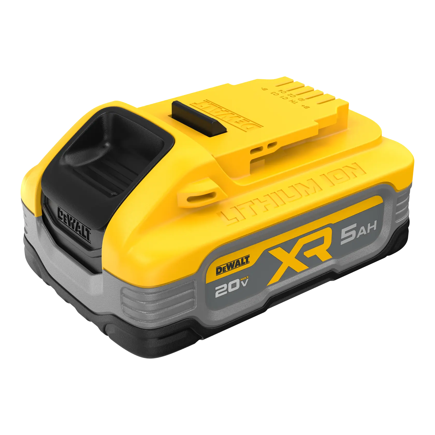 Un paquete de batería recargable DEWALT XR 20V de ion de litio de 5Ah, color amarillo y gris, diseñado para herramientas eléctricas.