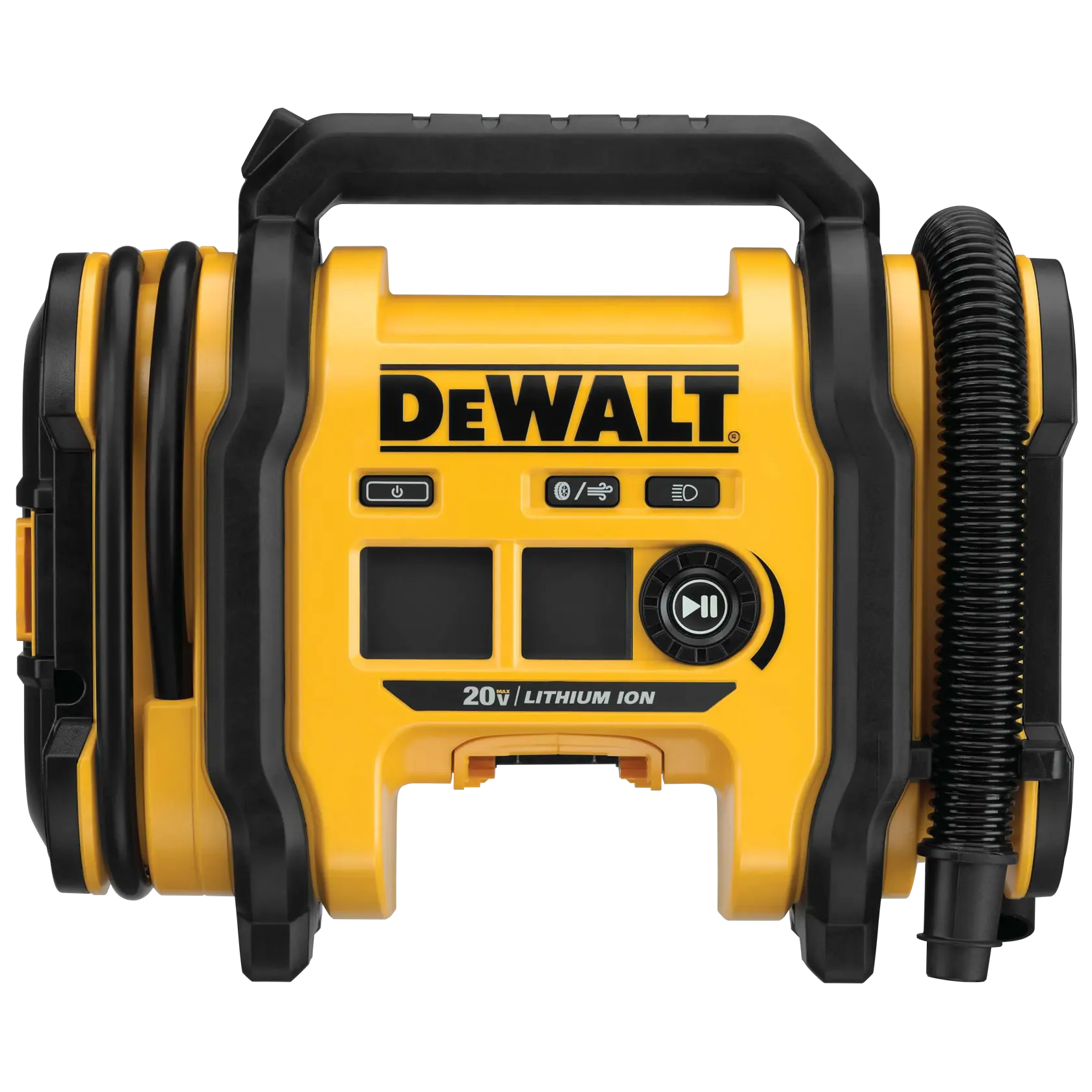 Vista frontal de un inflador de aire portátil DEWALT de 20V con batería de litio, asa incorporada, almacenamiento de manguera en los laterales, botones de control y pantalla digital en el frente.