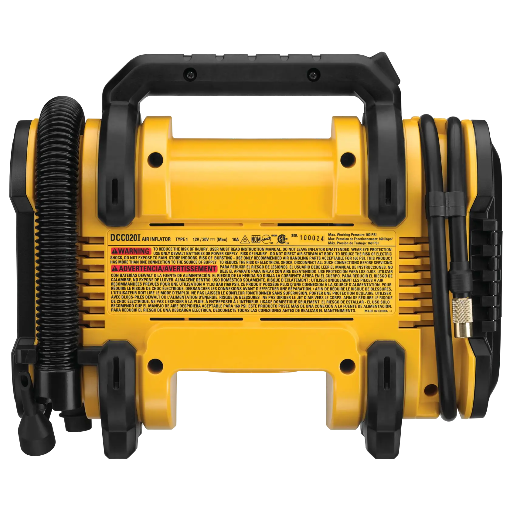 Vista frontal de un inflador de aire portátil DEWALT amarillo con un mango negro, una manguera enrollada y un cable de alimentación sujetos a los lados. La etiqueta del producto y las instrucciones son visibles en la parte frontal.