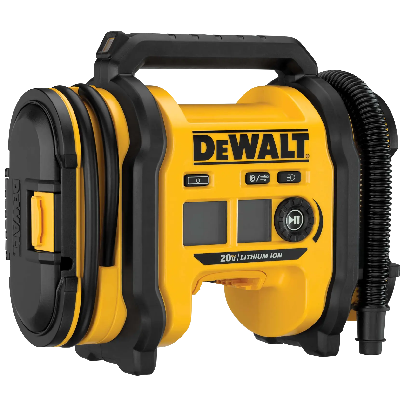 Un inflador de aire portátil DEWALT de 20V con batería de ion de litio, diseño amarillo y negro, pantalla digital, botones de control y una manguera flexible acoplada al costado.
