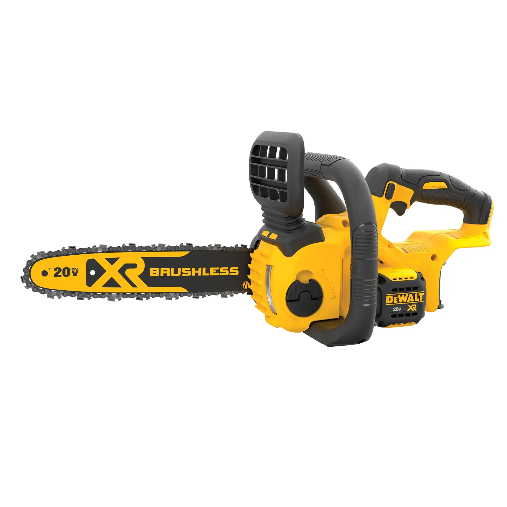Una motosierra inalámbrica DEWALT 20V XR Brushless de color amarillo y negro con asa lateral y protector de seguridad, mostrada sobre un fondo blanco.