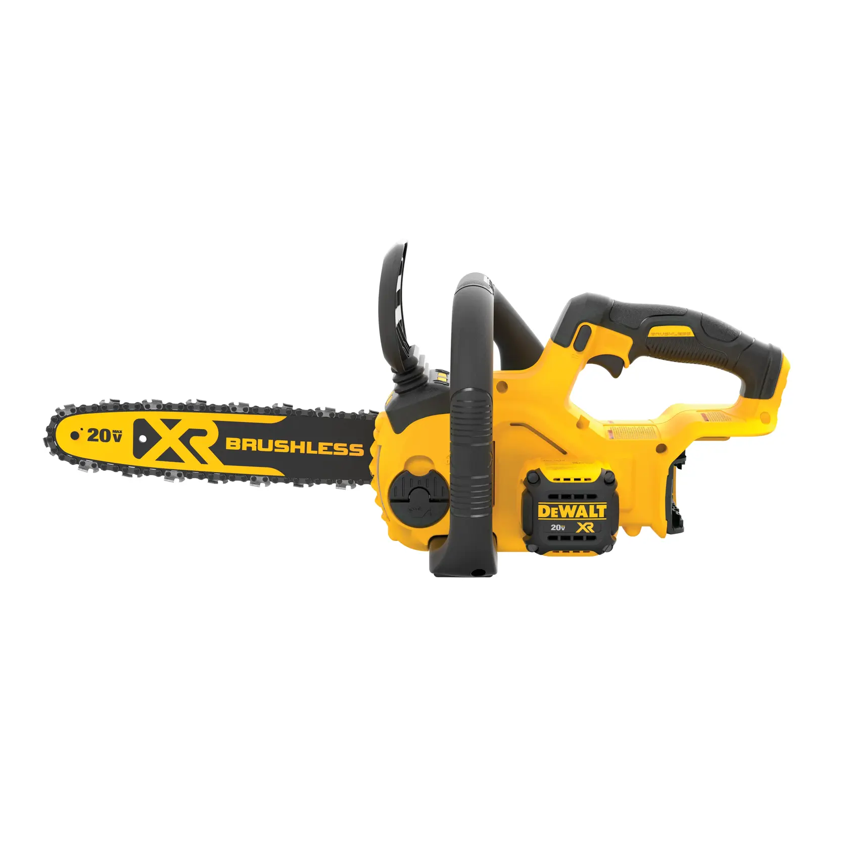 Una motosierra inalámbrica DEWALT XR Brushless de 20V amarilla y negra, mostrada de lado sobre un fondo blanco.