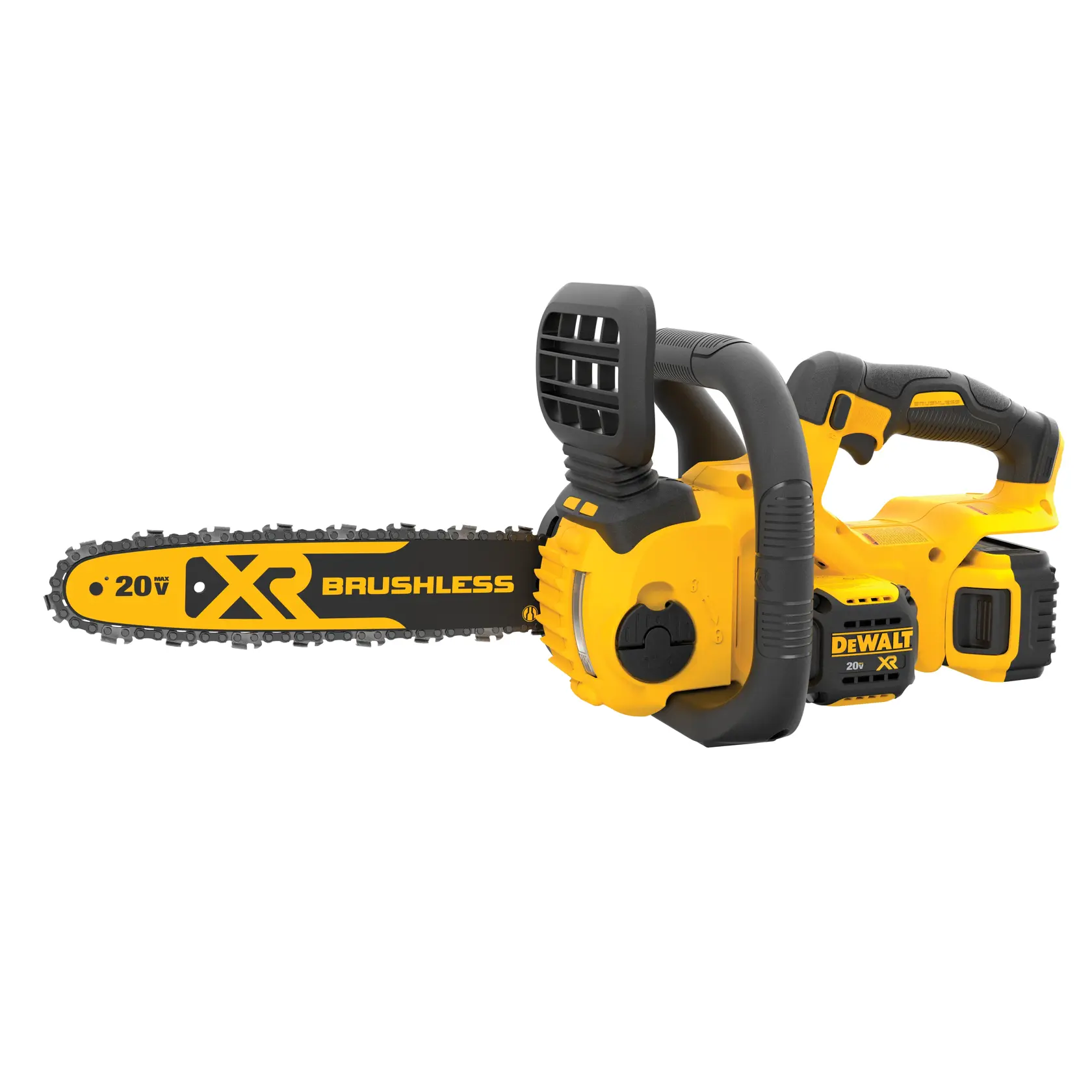 Una motosierra inalámbrica DEWALT 20V XR Brushless con cuerpo amarillo y negro, mango ergonómico y marca visible.