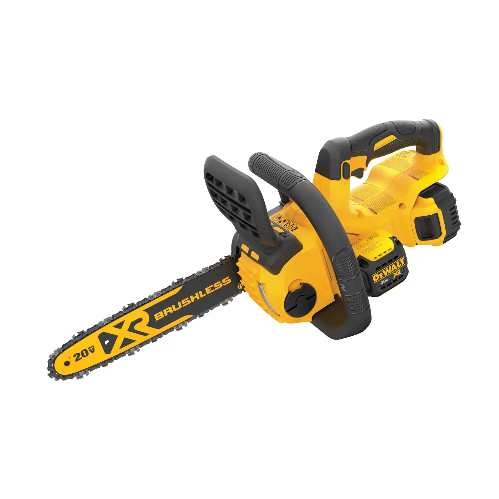 Una persona con guantes usa una motosierra inalámbrica DEWALT para cortar una rama gruesa al aire libre. La motosierra está marcada con una barra de 12 pulgadas (30 cm).