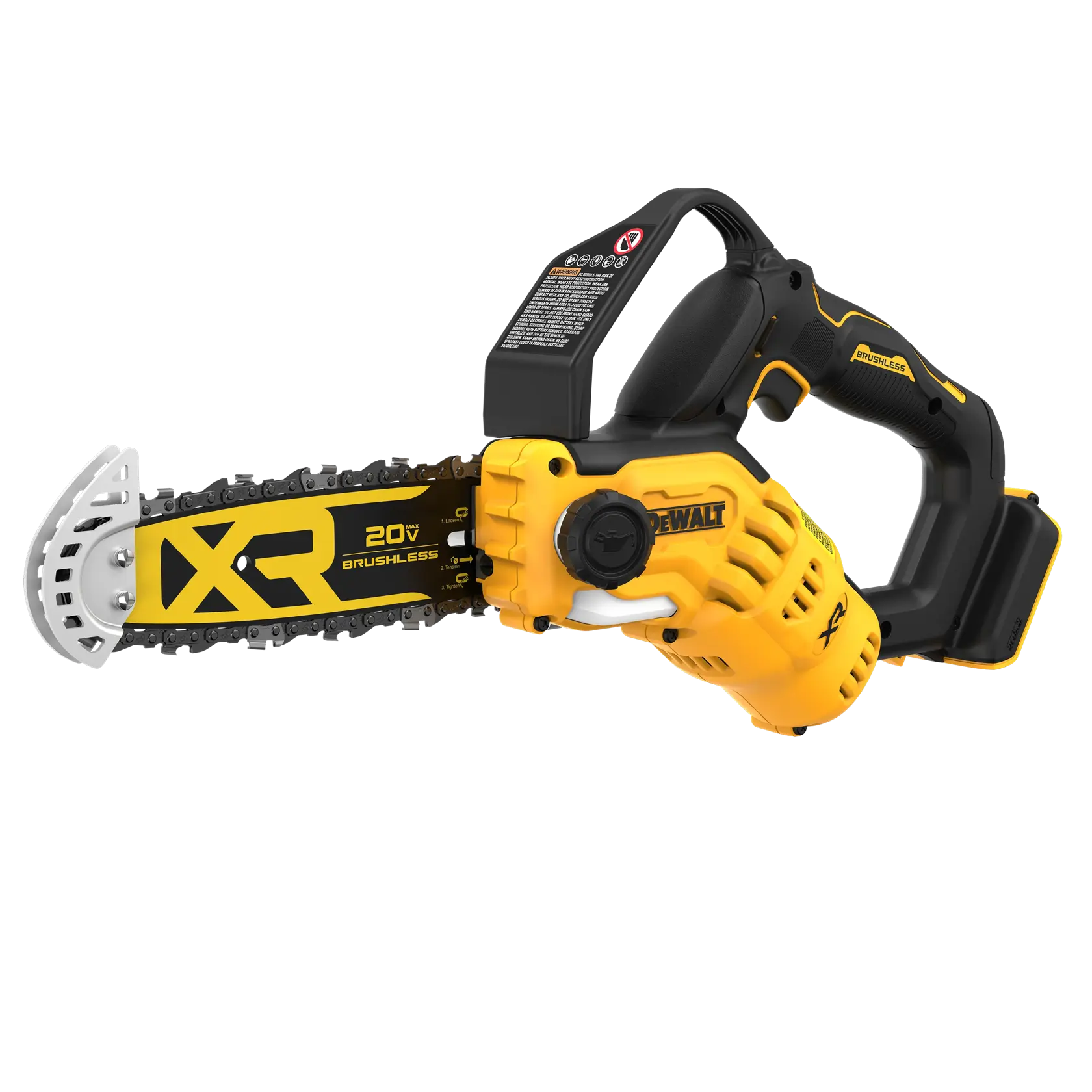 Una motosierra inalámbrica DEWALT XR 20V brushless con un diseño amarillo y negro, que incluye protector de seguridad y un mango ergonómico. La cadena y la hoja están visibles, adecuada para cortar madera y uso en exteriores.