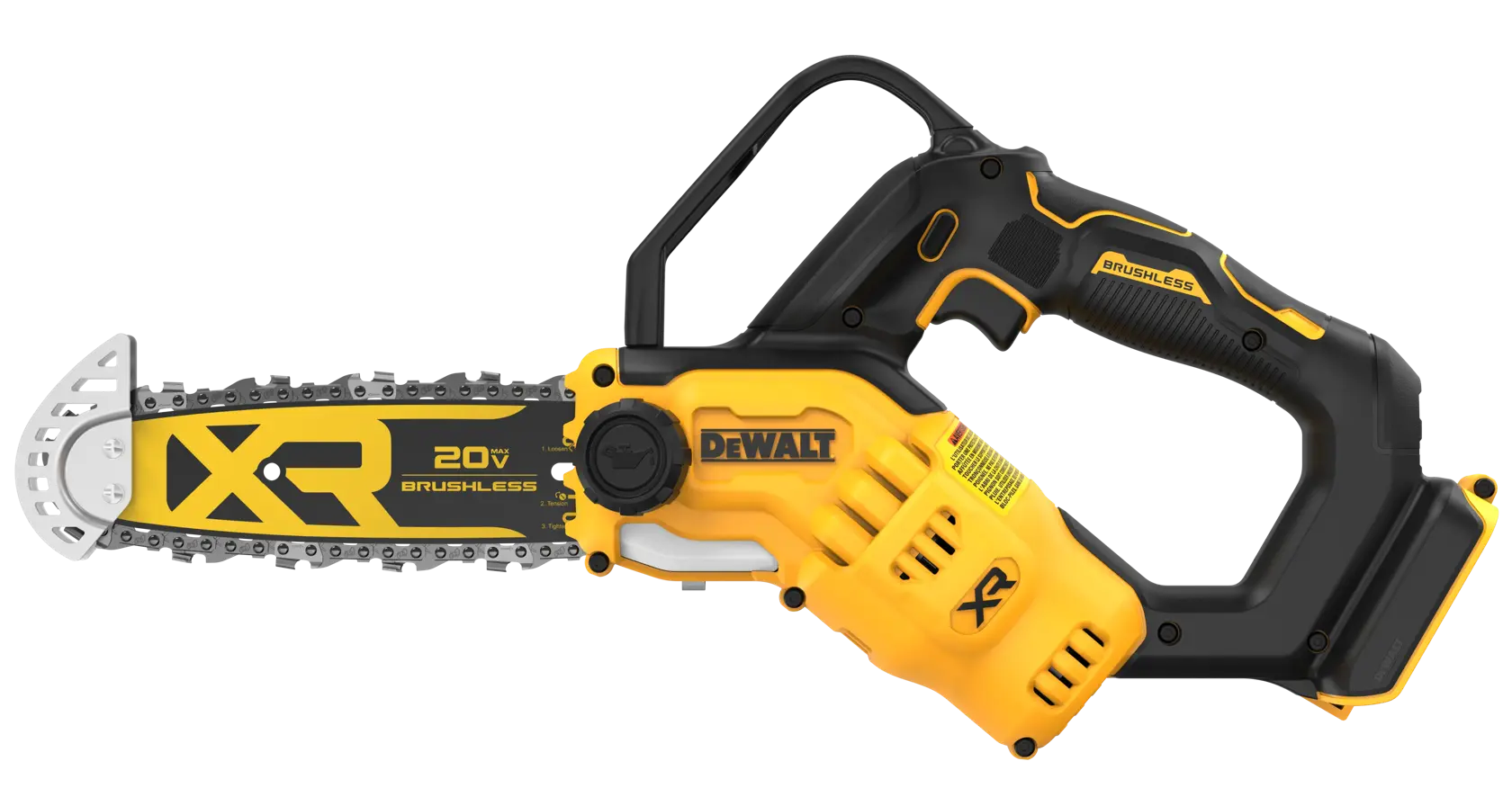 Una motosierra inalámbrica DEWALT XR 20V sin escobillas con diseño amarillo y negro, mostrando la hoja, la cadena y el mango.