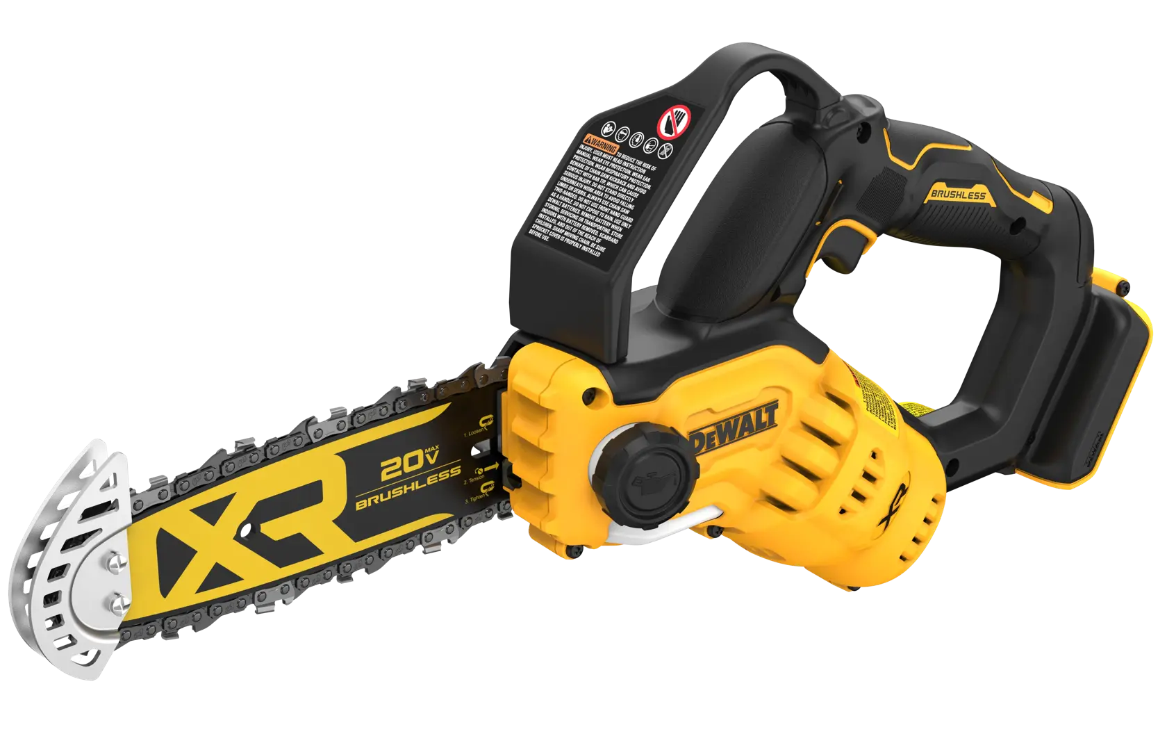 Una motosierra inalámbrica DEWALT 20V brushless con diseño amarillo y negro, modelo DCCS623B, adecuada para tareas compactas de corte.