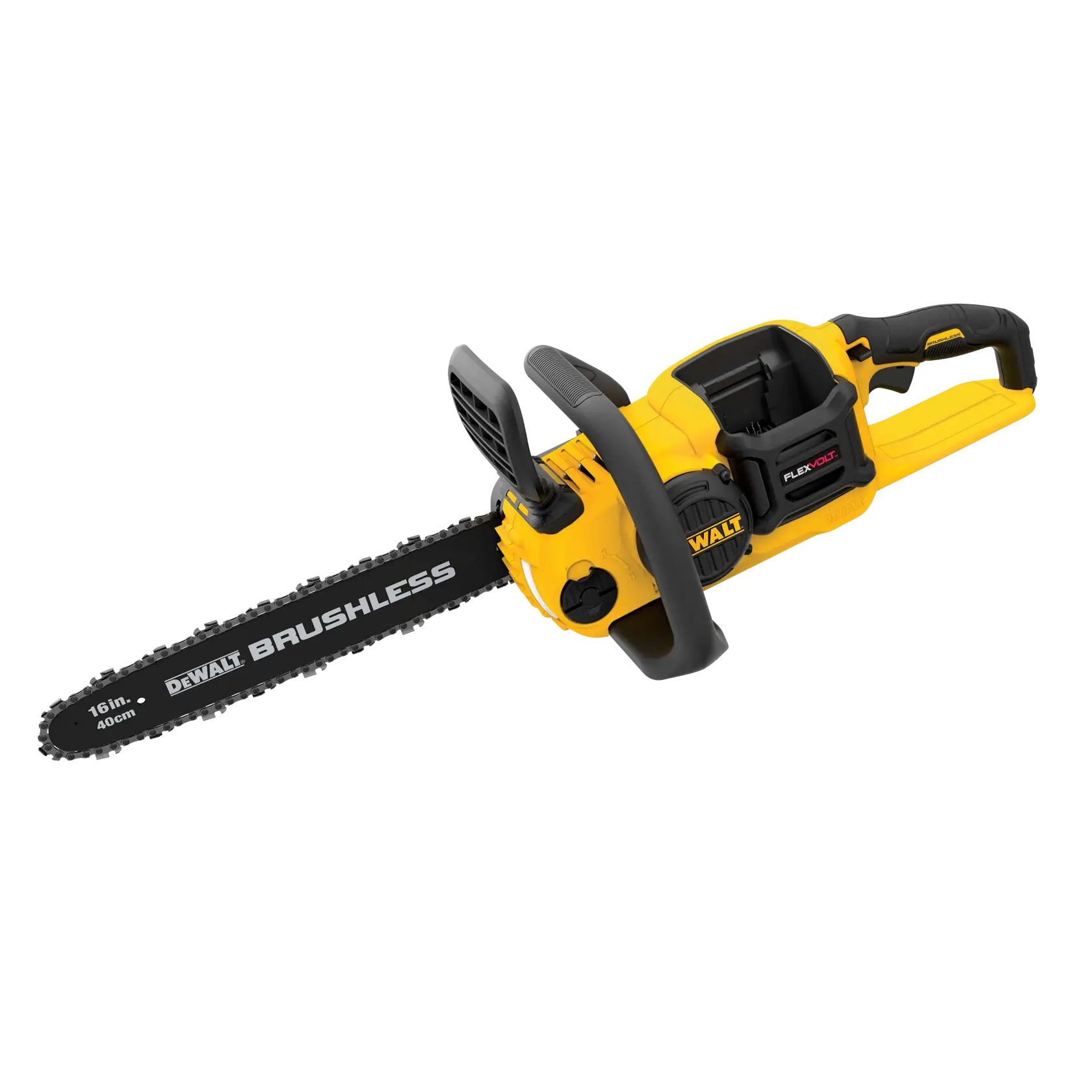 Motosierra inalámbrica DEWALT amarilla con motor brushless y barra de 40 cm para tareas de corte exterior.