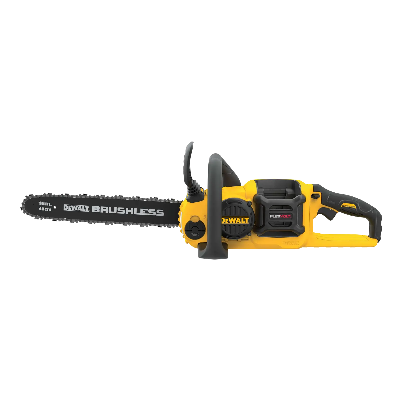 Motosierra DEWALT amarilla brushless con barra de 16 pulgadas y compartimento de batería FLEXVOLT.