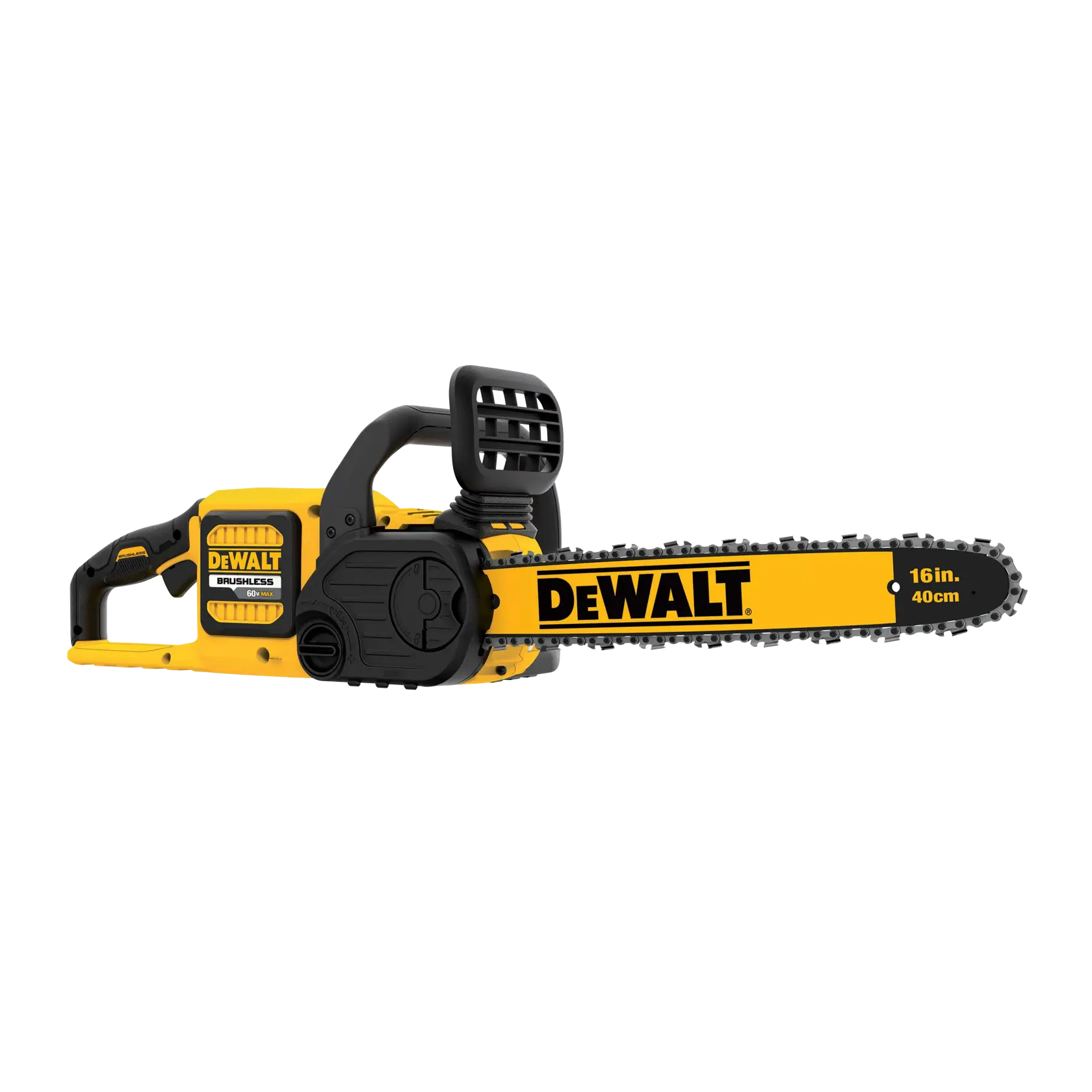 Motosierra inalámbrica DEWALT de 16 pulgadas, diseño amarillo y negro, motor sin escobillas y mango ergonómico.
