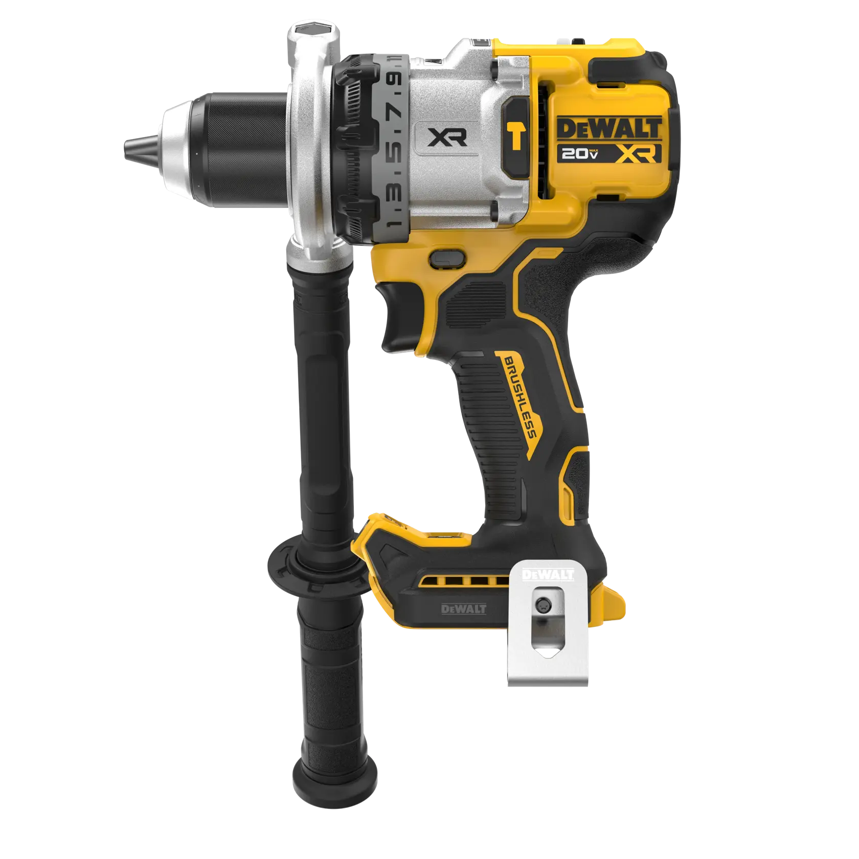 Un taladro inalámbrico DEWALT 20V XR sin escobillas con un accesorio de mango lateral, mostrado en colores amarillo y negro. El taladro tiene un portabrocas de metal y un agarre ergonómico.