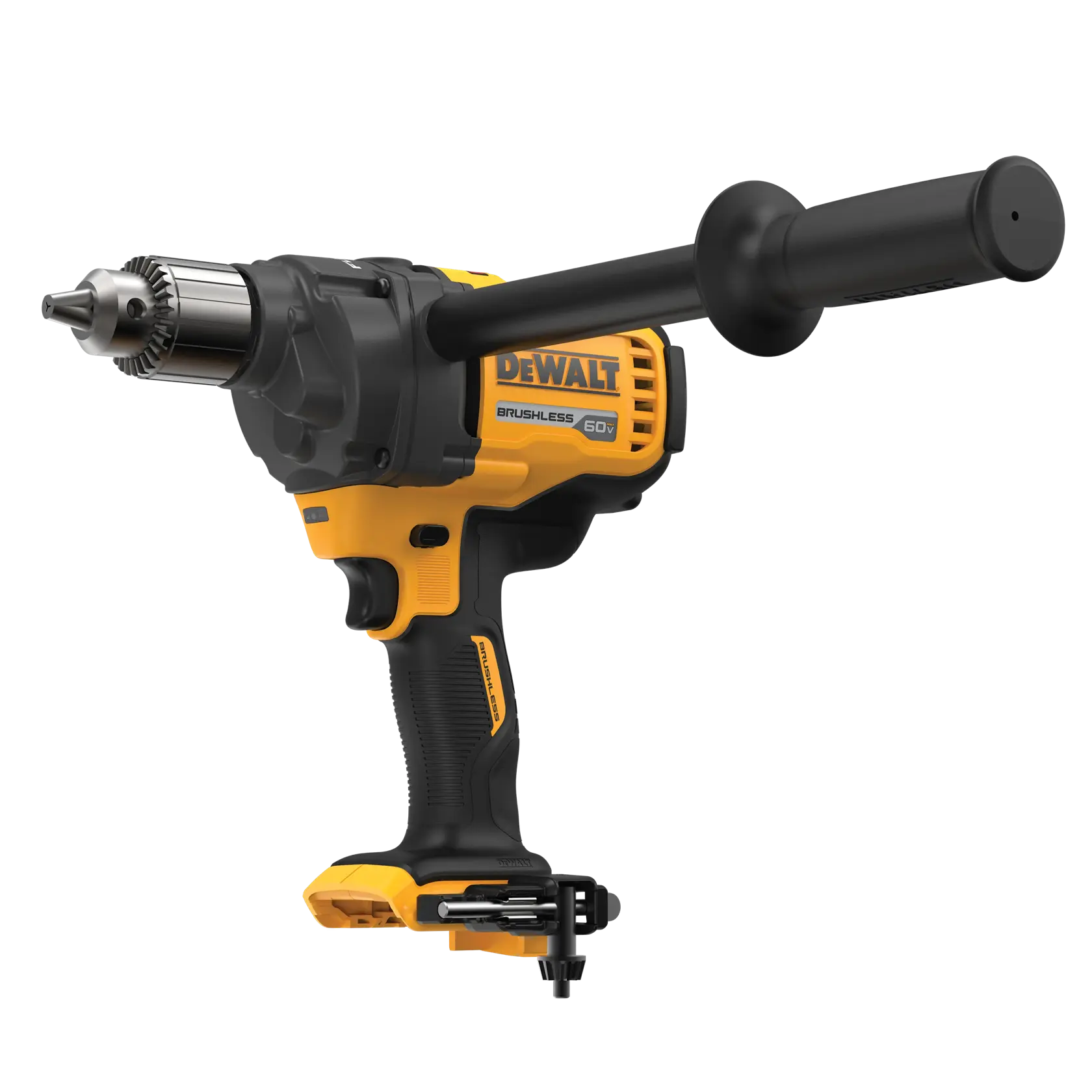 Un taladro inalámbrico DEWALT 60V brushless con mango lateral, mostrado sobre fondo blanco.