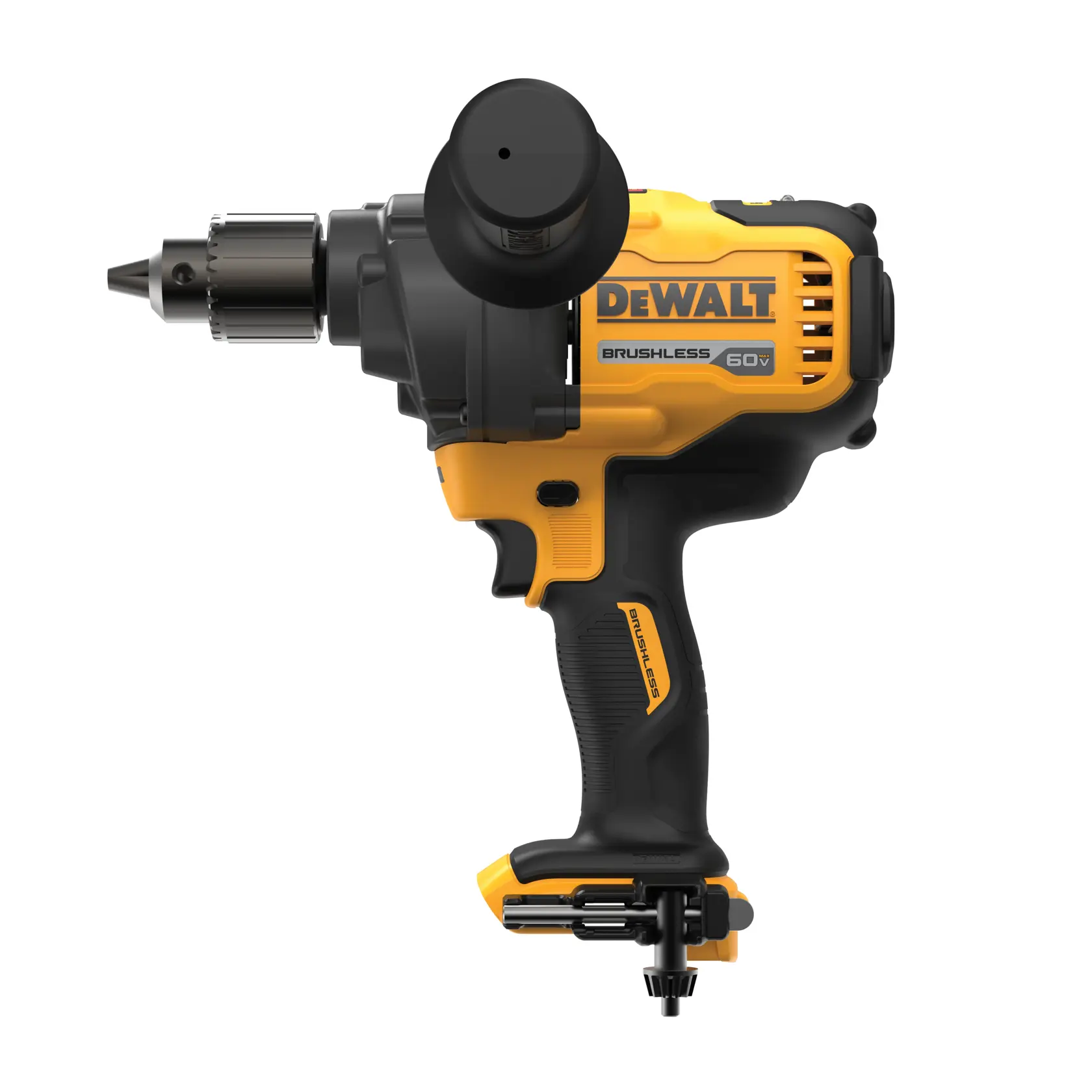 Vista lateral de un taladro eléctrico DEWALT de 60V sin escobillas con mango negro y amarillo, que incluye una empuñadura lateral desmontable y un portabrocas sin llave.