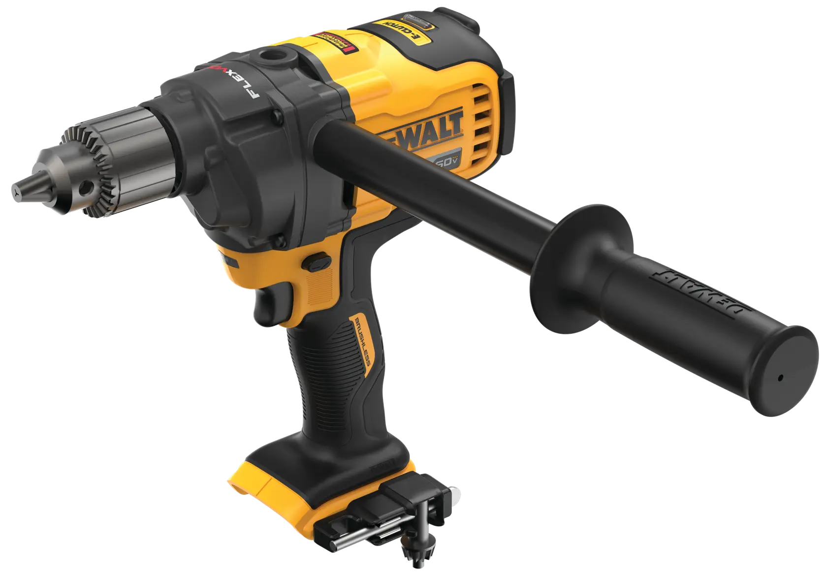 Taladro inalámbrico DEWALT con diseño amarillo y negro, mango lateral para mayor estabilidad y portabrocas metálico para sujetar las brocas.