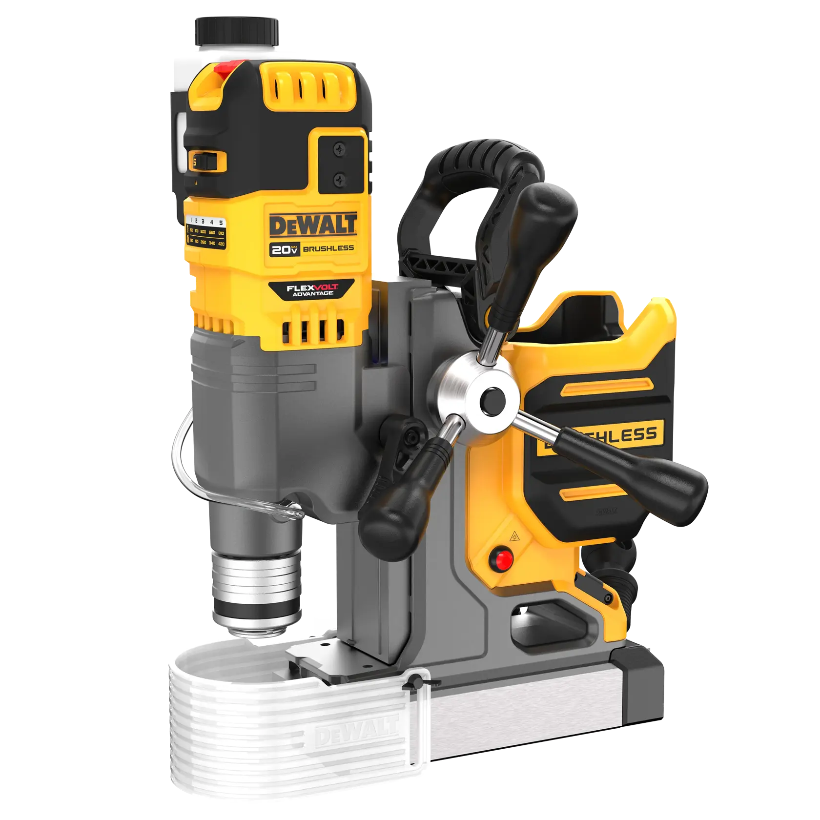 Taladro magnético DEWALT 20V sin escobillas con manija y controles sobre fondo blanco.