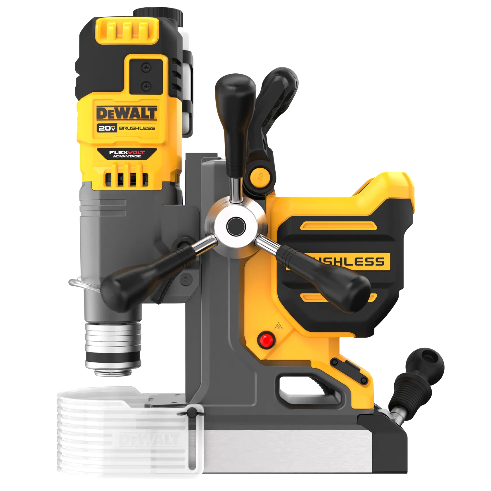 Taladro magnético DEWALT 20V brushless amarillo y negro con mangos de control y etiqueta FLEXVOLT Advantage.