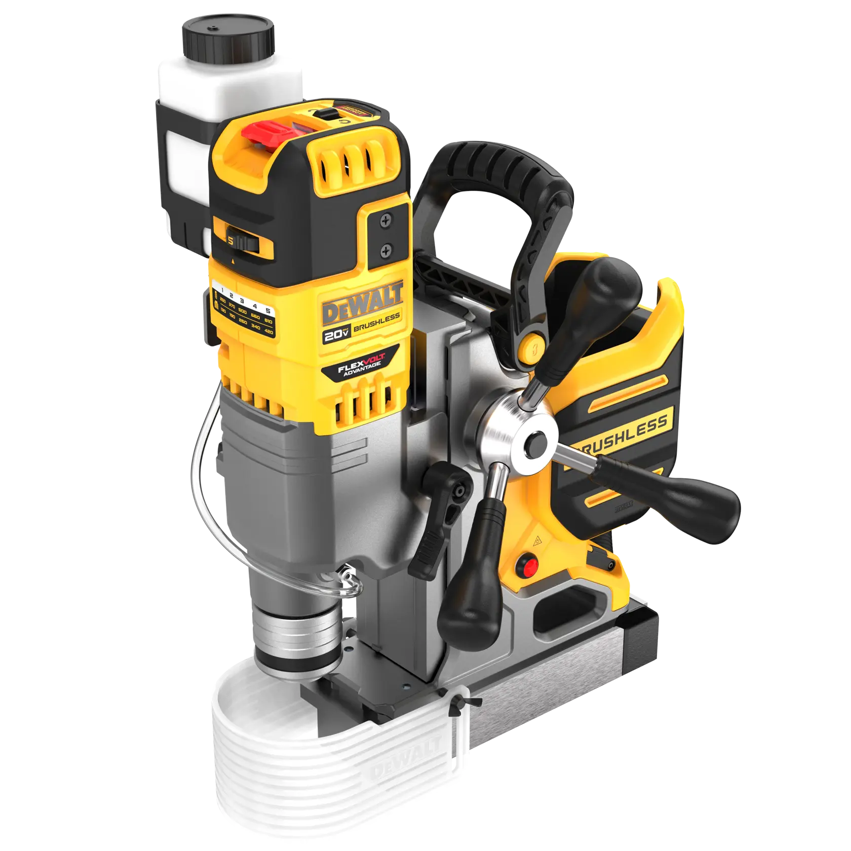 Taladro magnético brushless DEWALT 20V amarillo y negro con mango, controles y botella accesoria.
