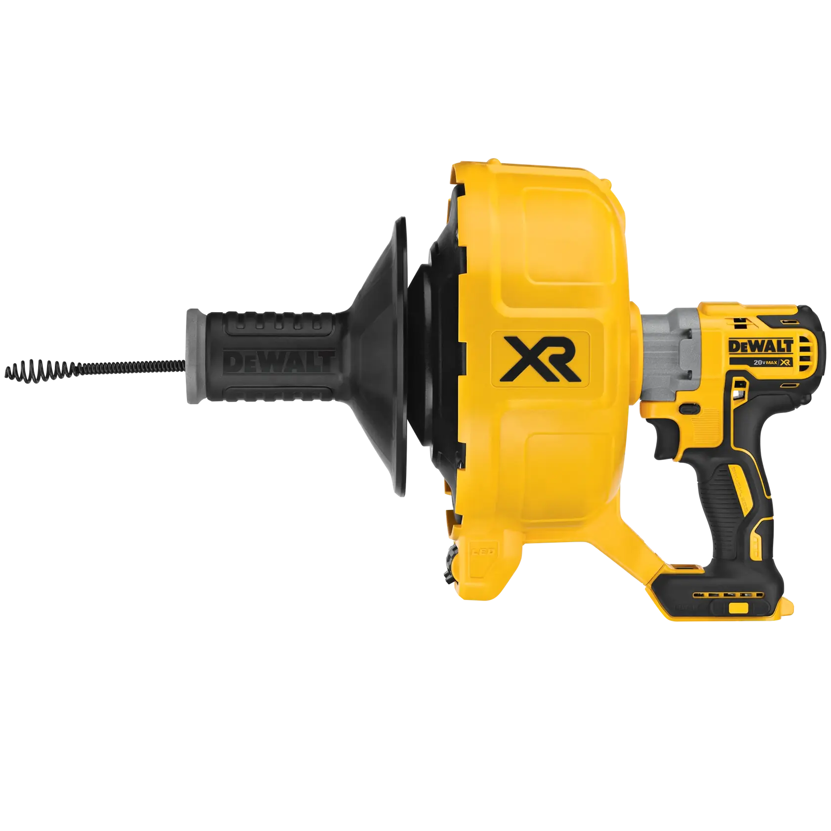 Una herramienta desatascadora inalámbrica DEWALT con diseño amarillo y negro, que incluye un mango, tambor y cable flexible para desatascar desagües.