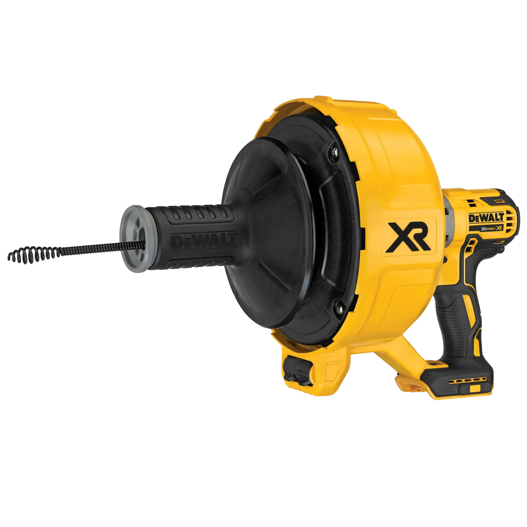 Desatascador inalámbrico DEWALT de diseño amarillo y negro, utilizado para limpiar desagües, mostrado de perfil con tambor, mango y cable flexible visible saliendo.