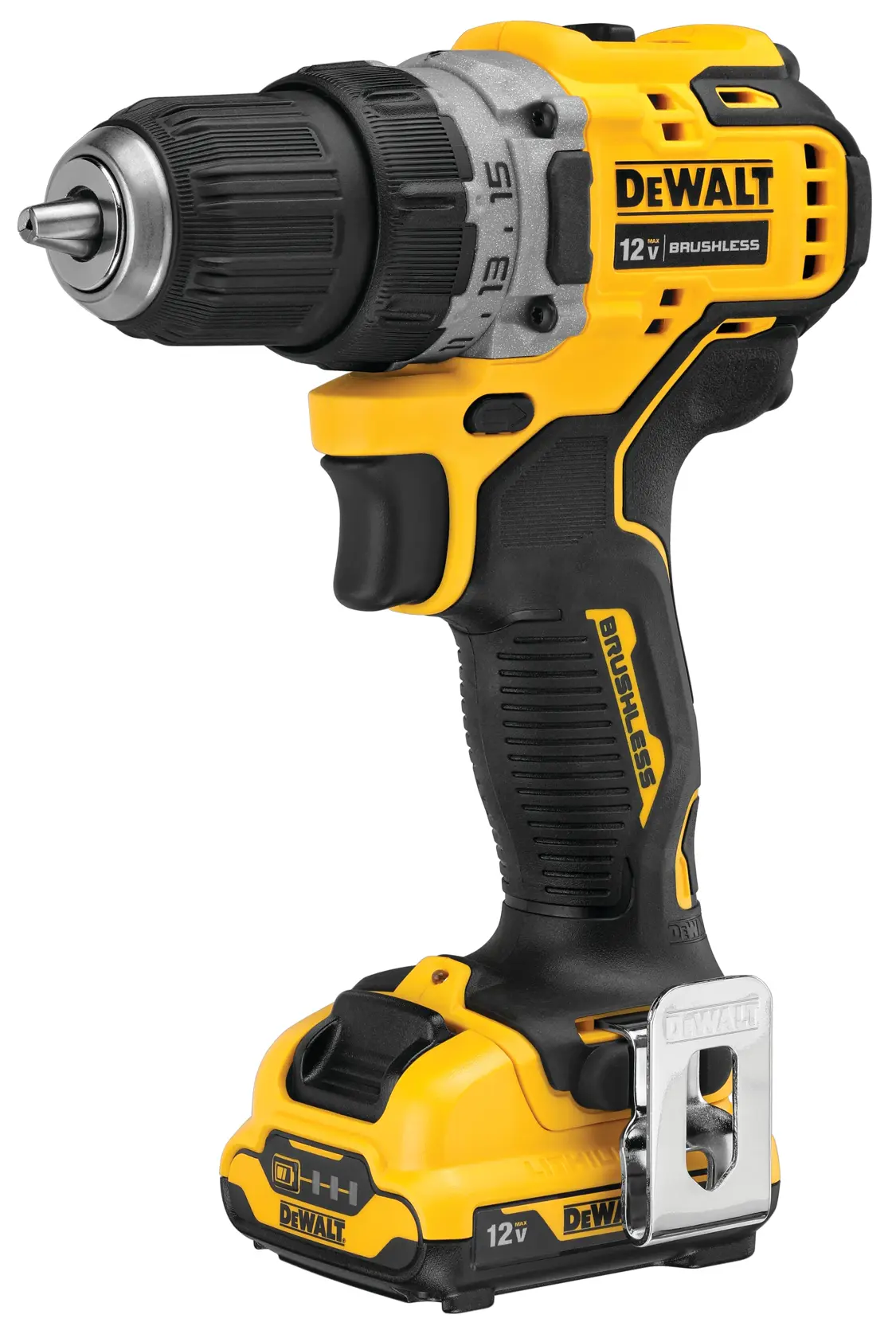 Taladro inalámbrico DEWALT de 12V, amarillo y negro, de tecnología sin escobillas, mostrado en posición vertical con un clip metálico sujeto cerca de la base.