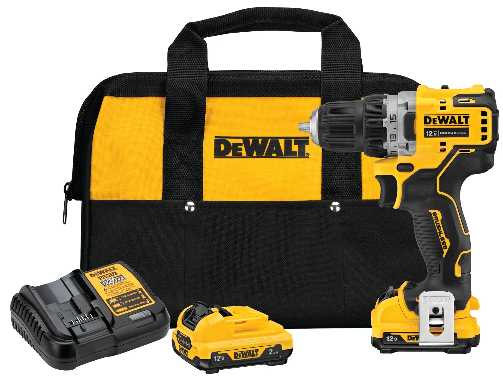 Un kit de taladro inalámbrico sin escobillas DEWALT de 12V, que incluye un taladro amarillo y negro, dos baterías, un cargador y una bolsa de transporte a juego con el logotipo de DEWALT.