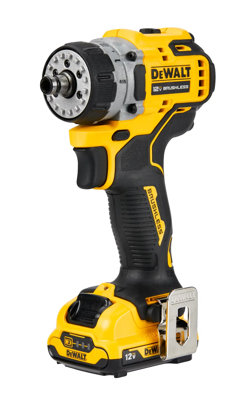 Un taladro inalámbrico brushless DEWALT de 12V con un diseño amarillo y negro, que incluye un mandril metálico, agarre ergonómico y un clip para cinturón en la base.