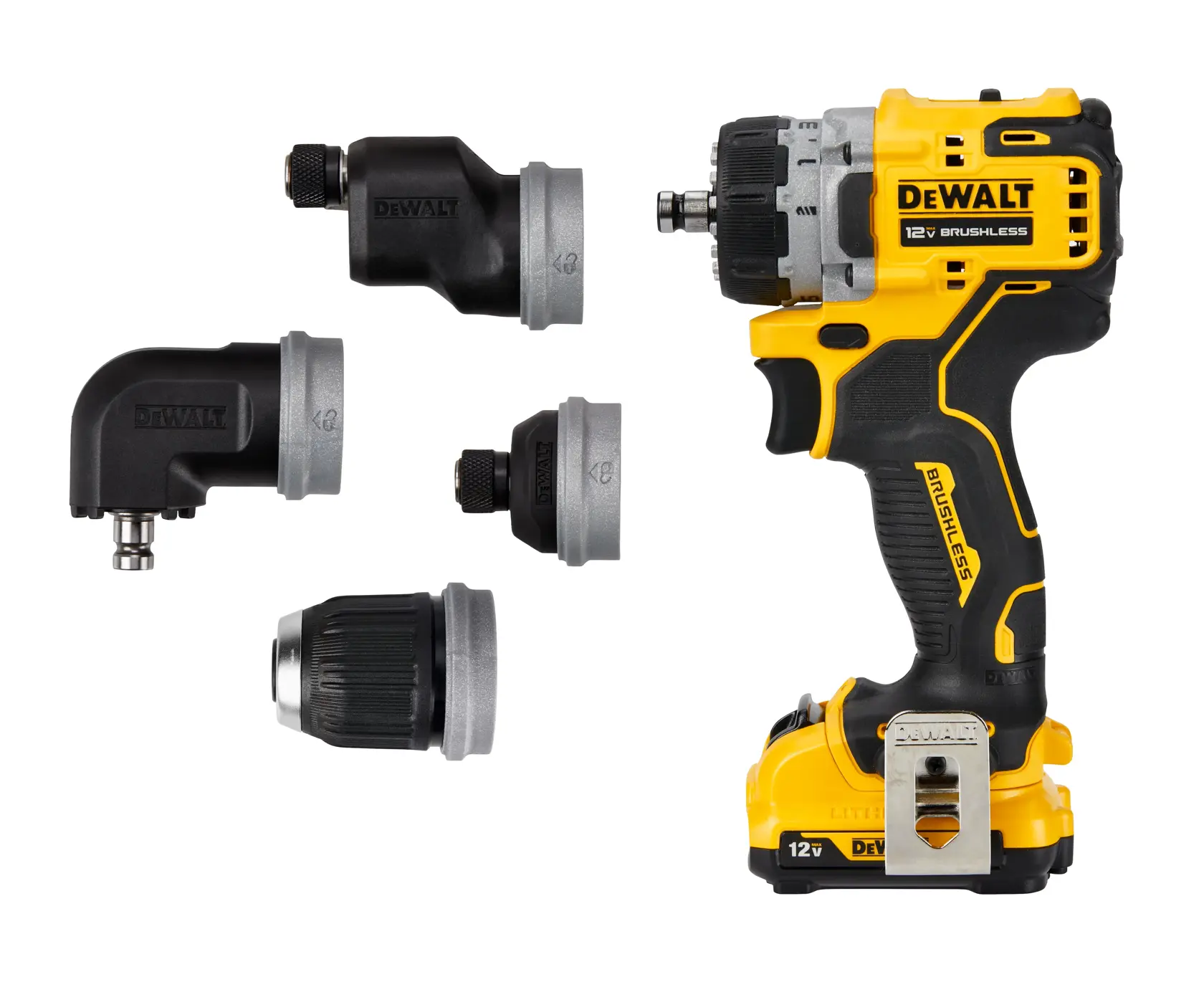 Un taladro inalámbrico DEWALT de 12V sin escobillas con cuatro accesorios intercambiables, mostrado sobre un fondo blanco. Los accesorios incluyen un adaptador angular, un adaptador de ángulo recto, un portabrocas sin llave y un adaptador estándar.