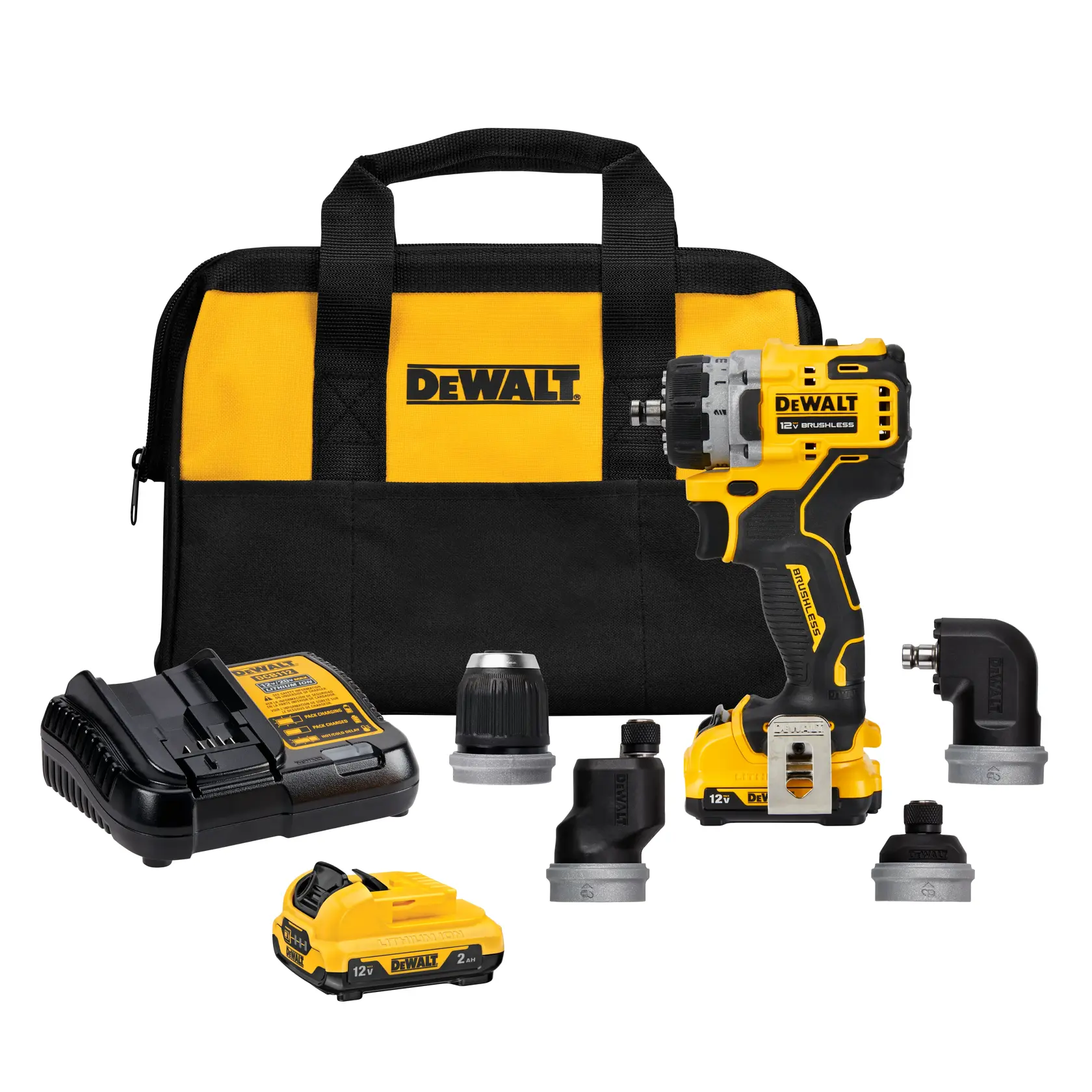 Un kit de taladro inalámbrico DEWALT que incluye un taladro amarillo y negro, varios accesorios intercambiables, batería, cargador y una bolsa de transporte amarilla y negra con el logotipo de DEWALT.