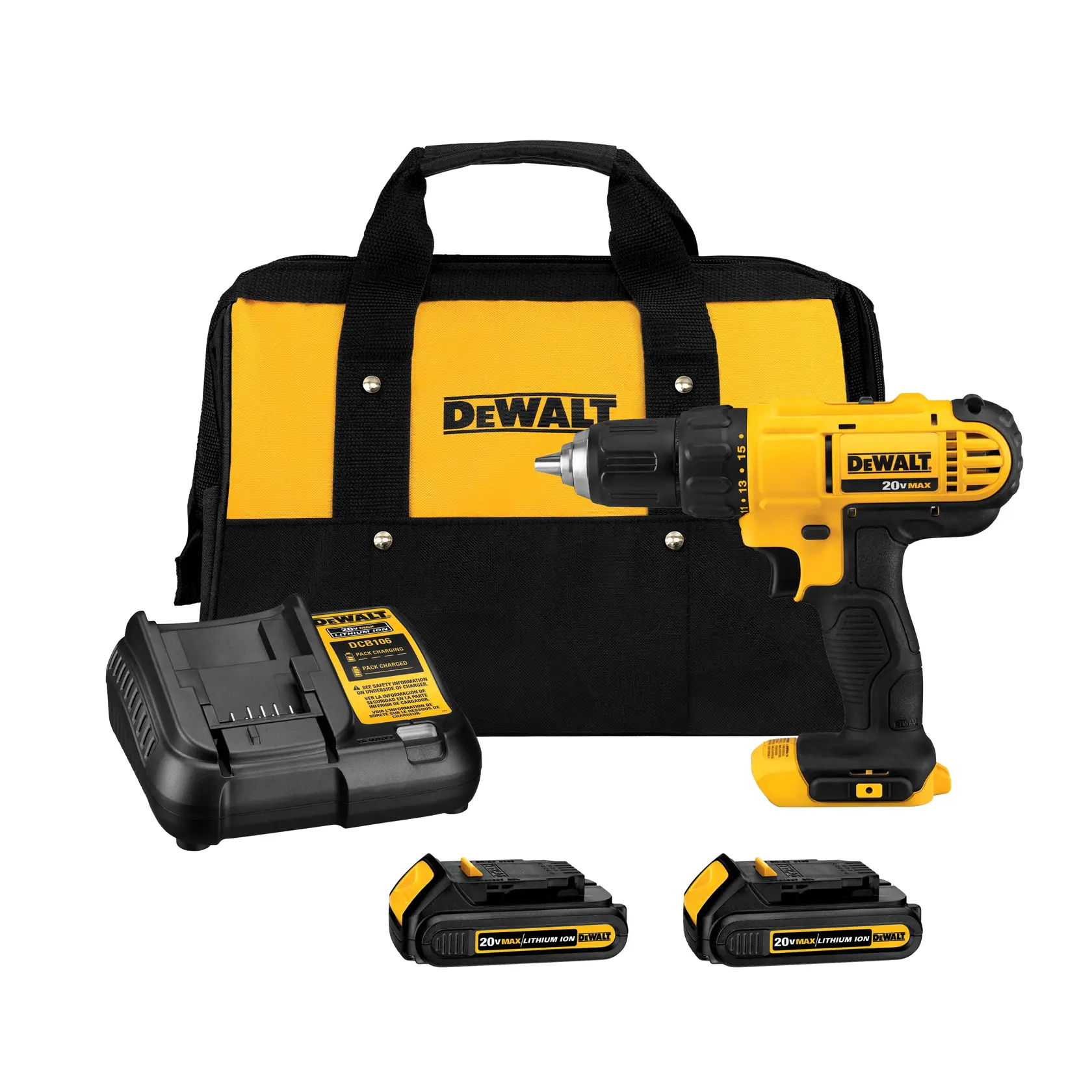 Un kit de taladro inalámbrico DEWALT que incluye un taladro amarillo y negro, dos baterías de ion de litio, un cargador de batería y una bolsa de transporte con el logo de DEWALT.