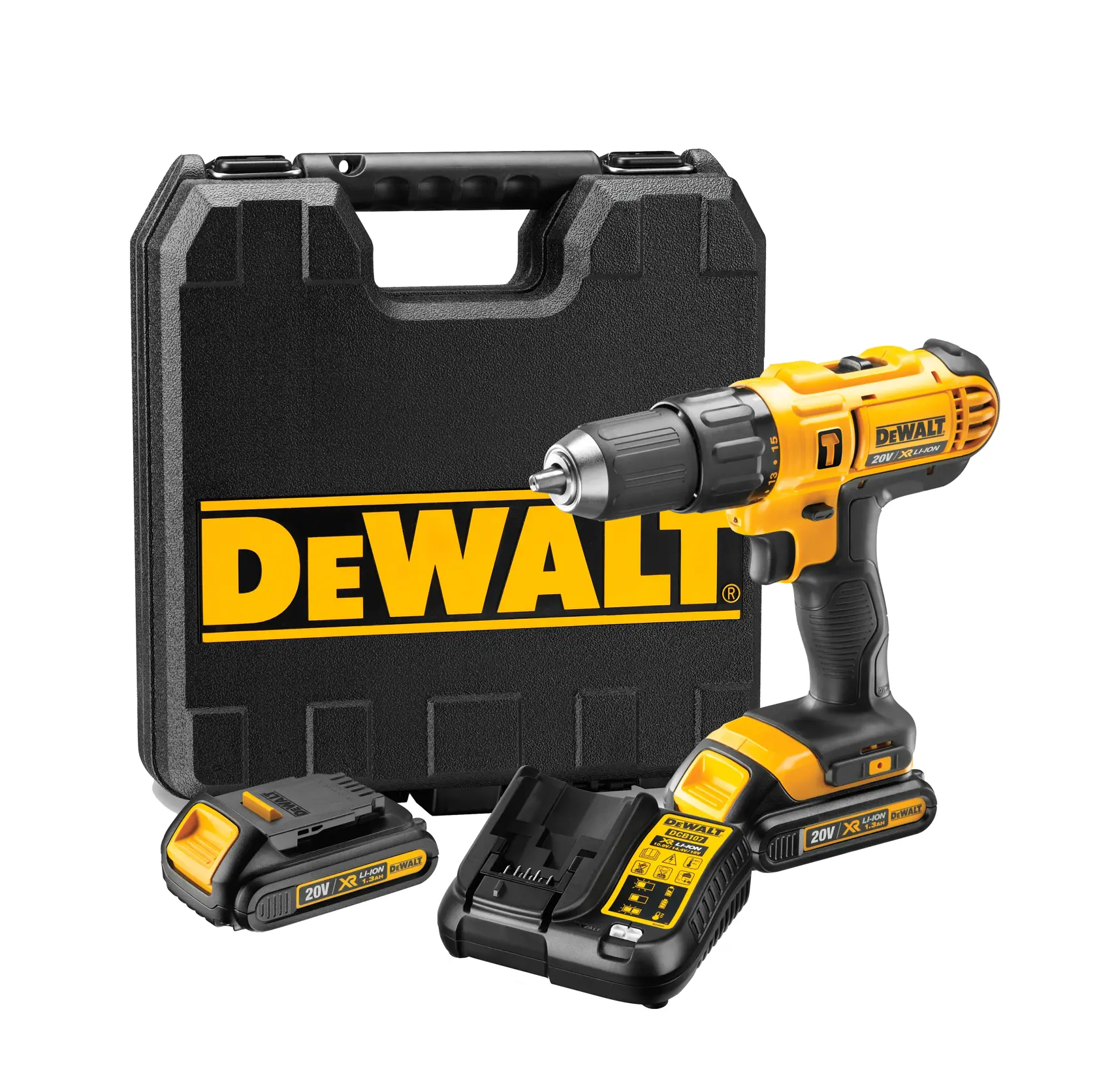 Un set de taladro inalámbrico DEWALT que incluye un taladro amarillo y negro, dos baterías de ion de litio de 20V, un cargador y un estuche resistente con el logo de DEWALT.