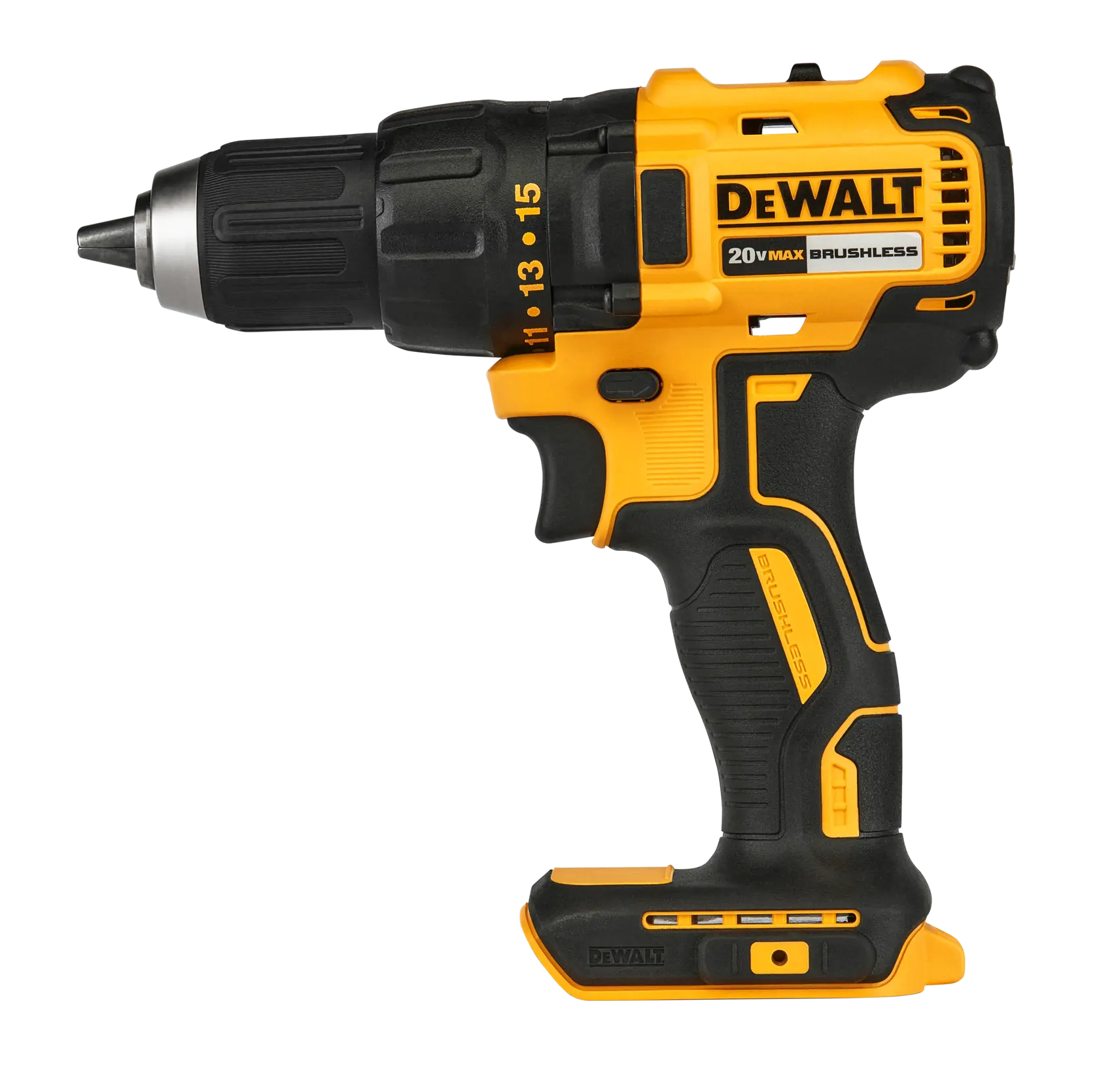 Taladro DEWALT 20V Max inalámbrico y brushless, amarillo y negro, vista lateral, sin batería.