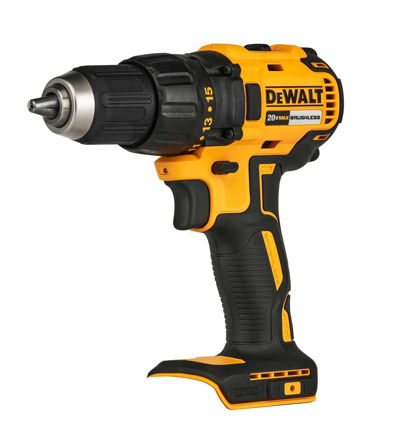 Taladro inalámbrico DEWALT amarillo y negro con motor sin escobillas, mostrado de lado sobre fondo blanco.