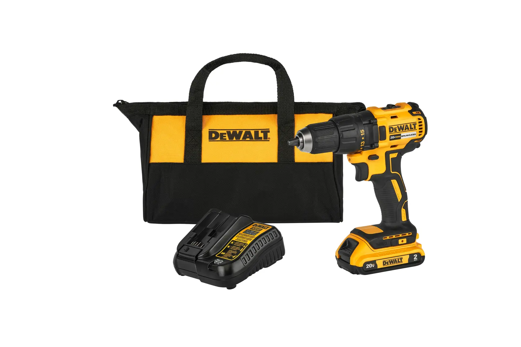 Un taladro inalámbrico DEWALT 20V Max brushless en amarillo y negro, mostrado de perfil.