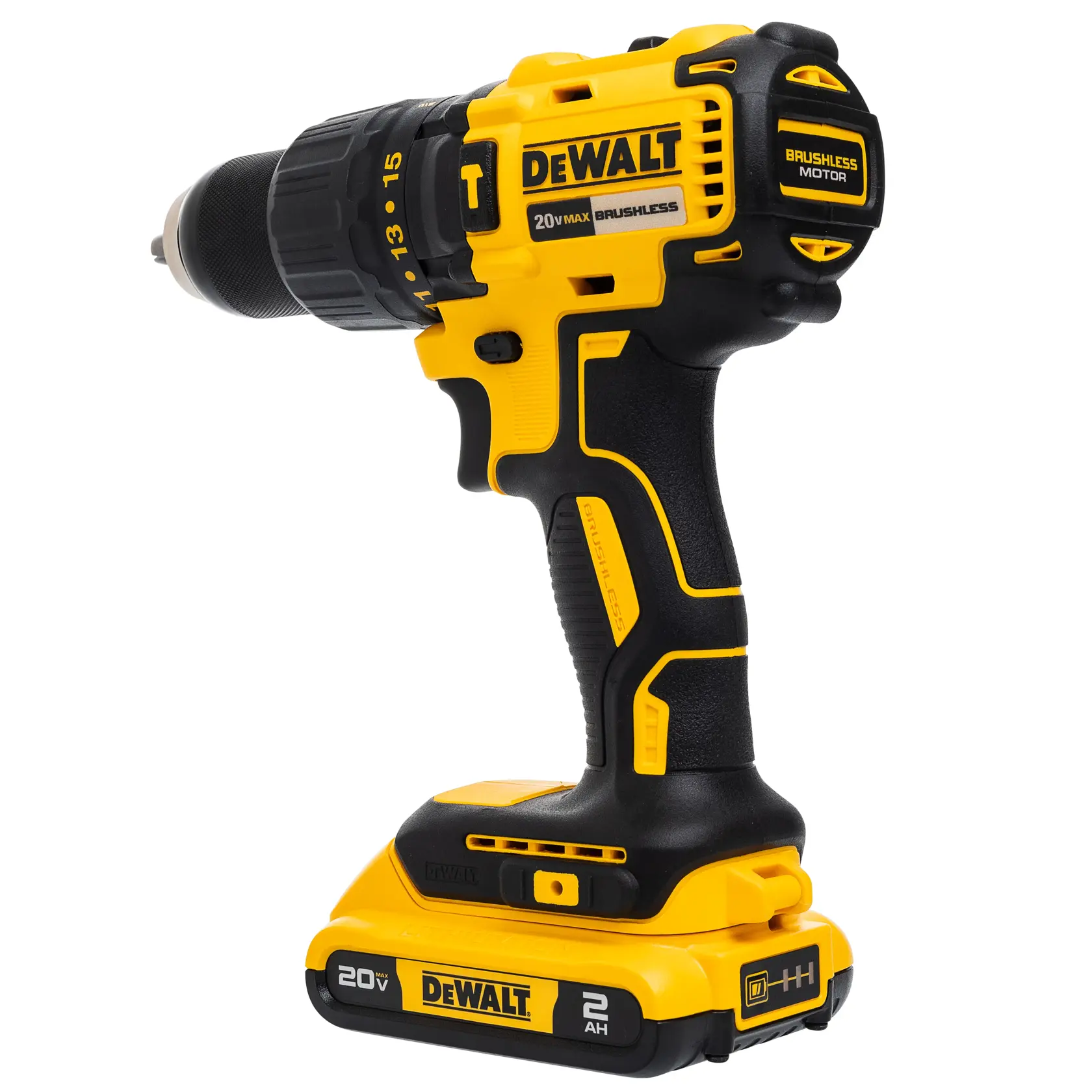 Taladro inalámbrico DEWALT 20V amarillo y negro, motor sin escobillas y batería de 2Ah.