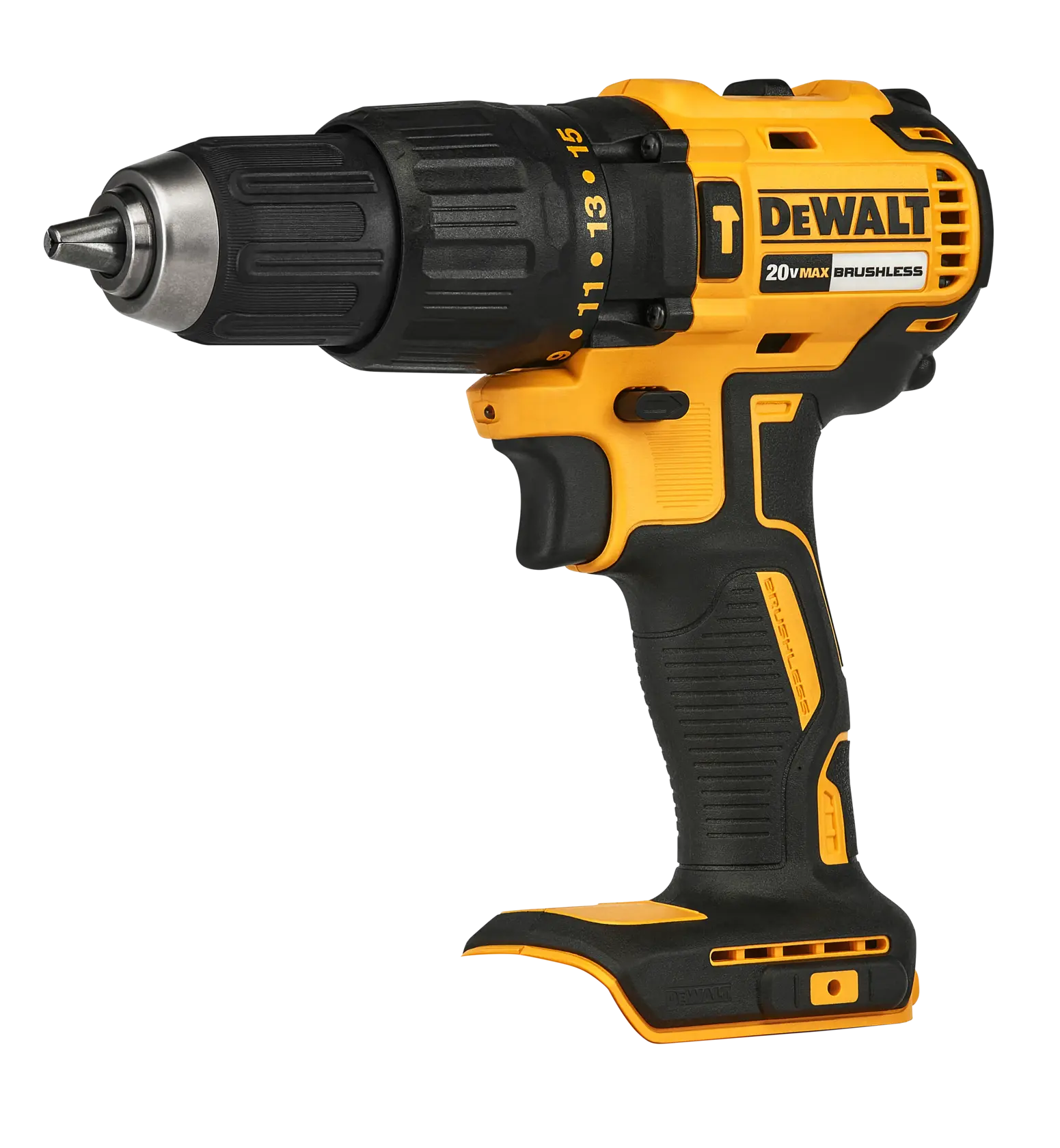 Vista de primer plano de un taladro inalámbrico DEWALT amarillo y negro con motor sin escobillas. El taladro tiene un mango con textura y se muestra sin batería.