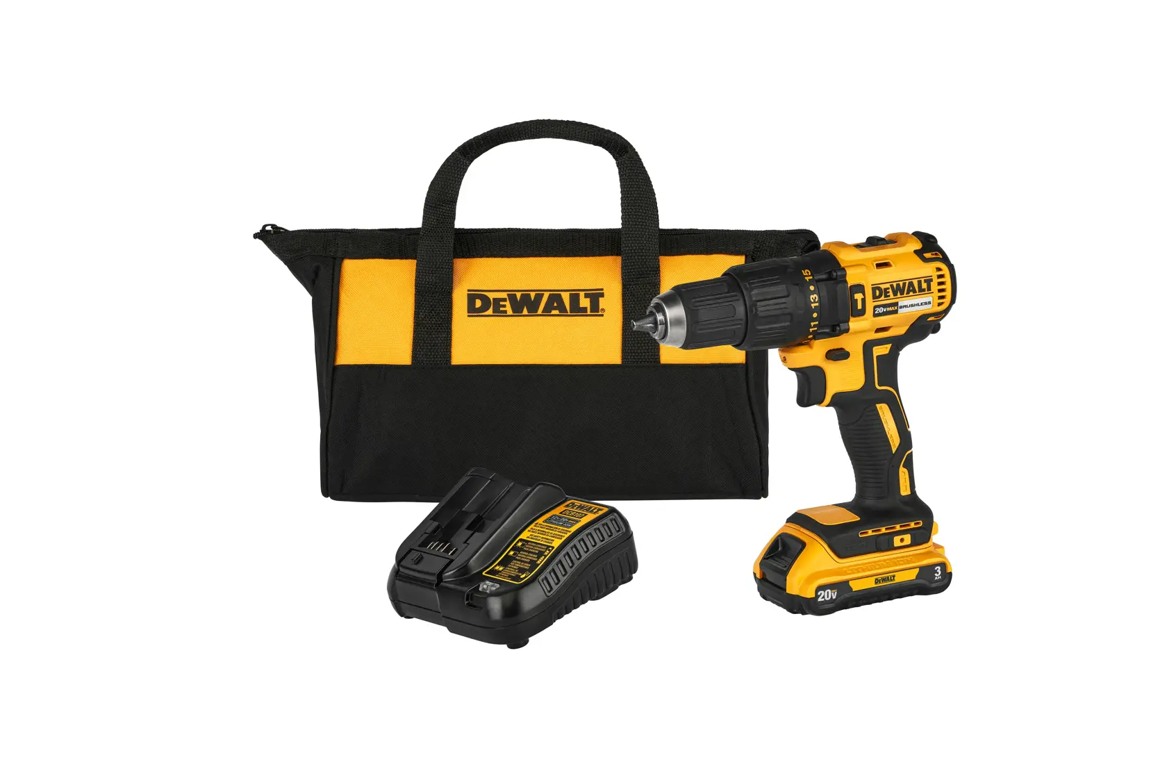 Un set de taladro inalámbrico DEWALT que incluye un taladro amarillo y negro, una bolsa de transporte a juego y un cargador de batería.