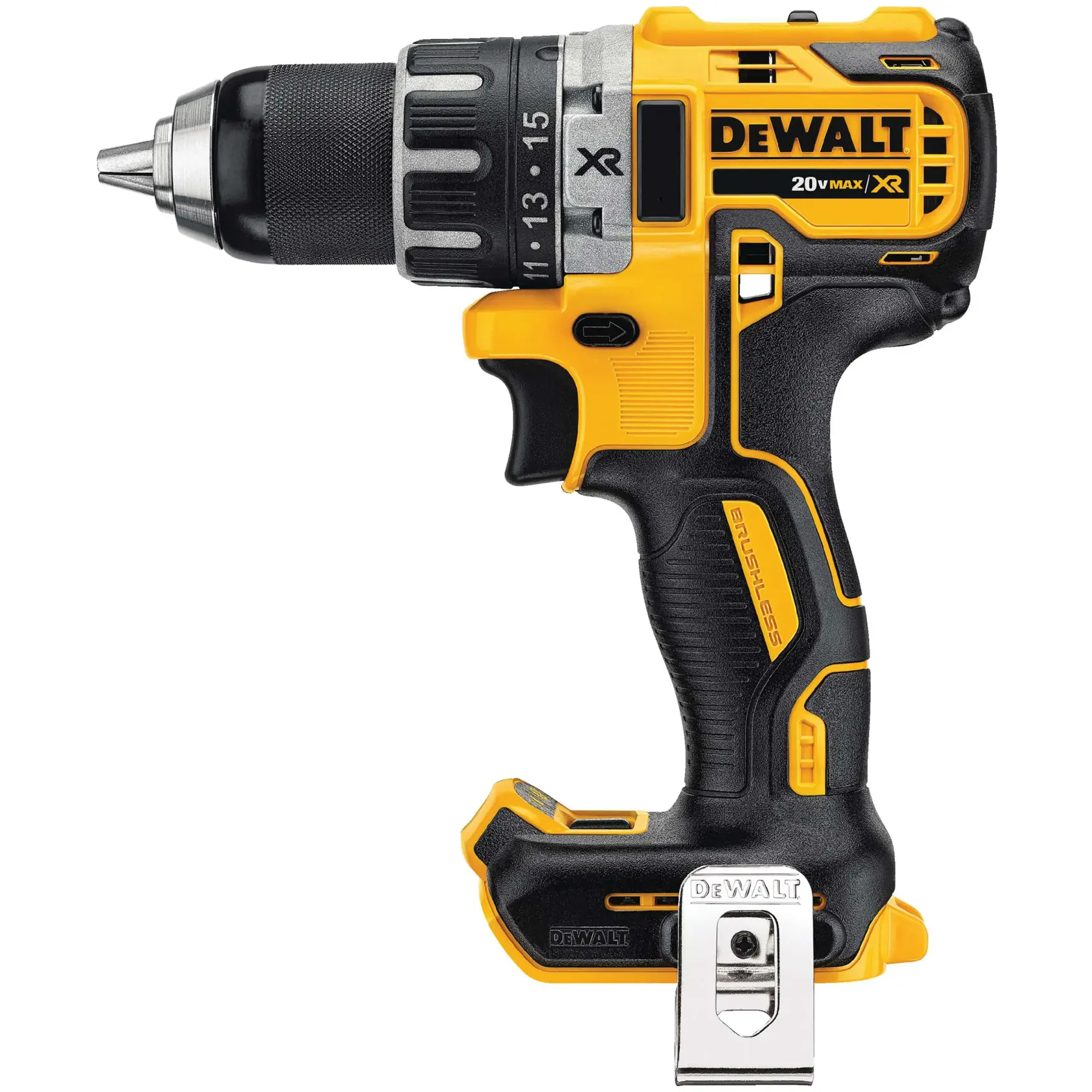 Imagen de primer plano de un taladro inalámbrico DEWALT, modelo DCD791D2. El taladro es amarillo y negro, con motor sin escobillas y la marca 20V MAX XR. Tiene un clip metálico para cinturón en la base.