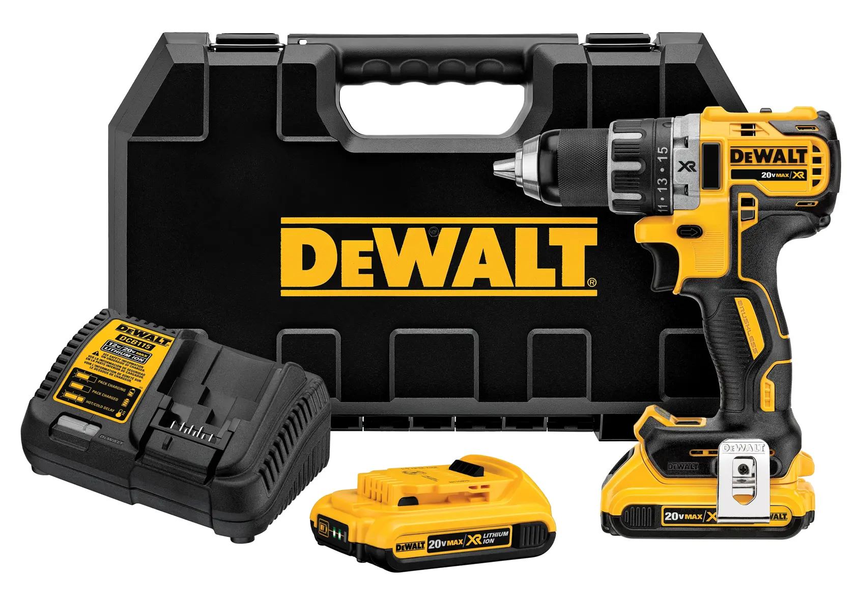 Kit de taladro y destornillador inalámbrico DEWALT 20V MAX XR, que incluye el taladro, un estuche negro con el logo DEWALT, un cargador de batería y dos baterías de litio amarillas.