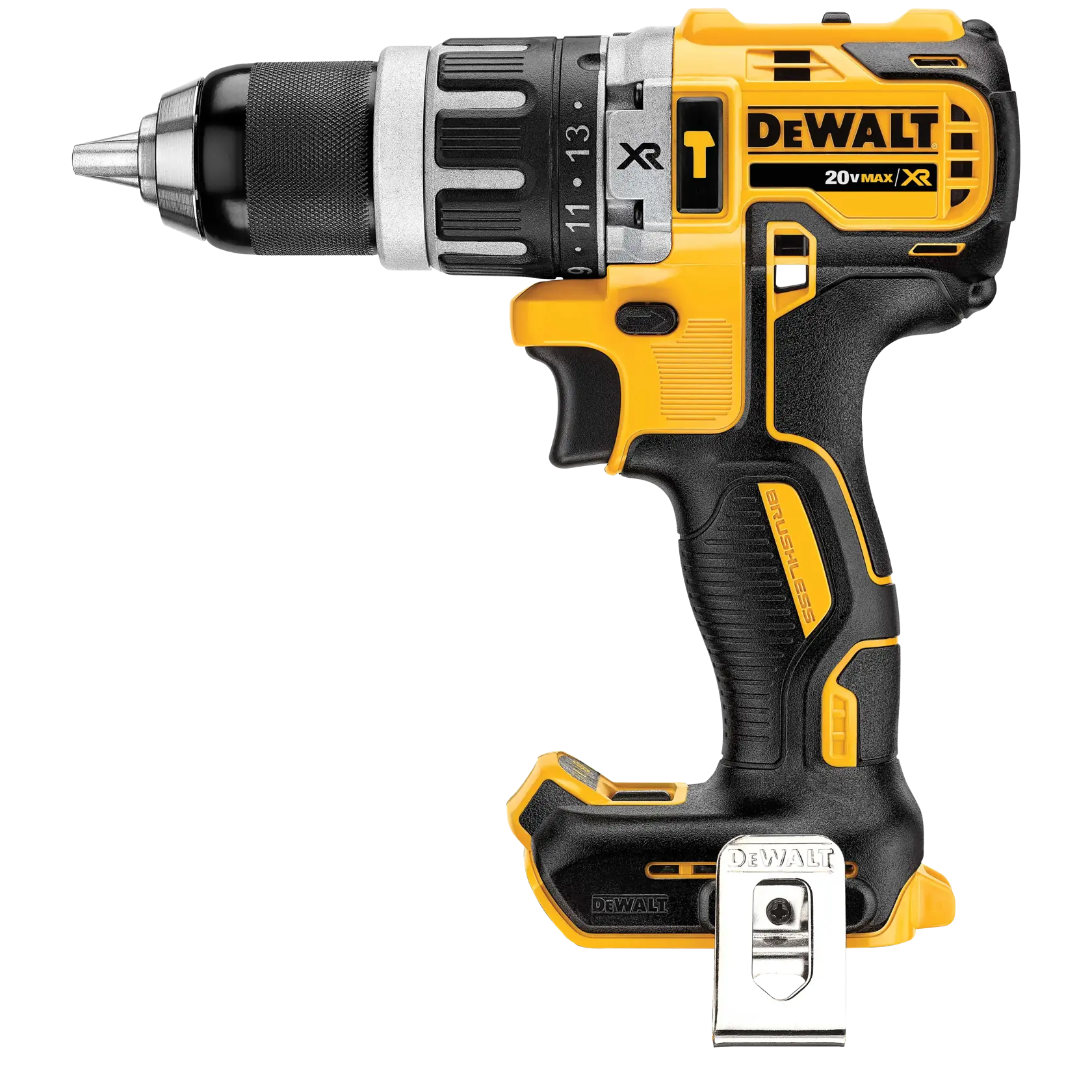 Un taladro inalámbrico DEWALT 20V MAX XR sin escobillas, mostrado sin batería. La herramienta tiene un diseño amarillo y negro con un clip metálico para cinturón en la base del mango.