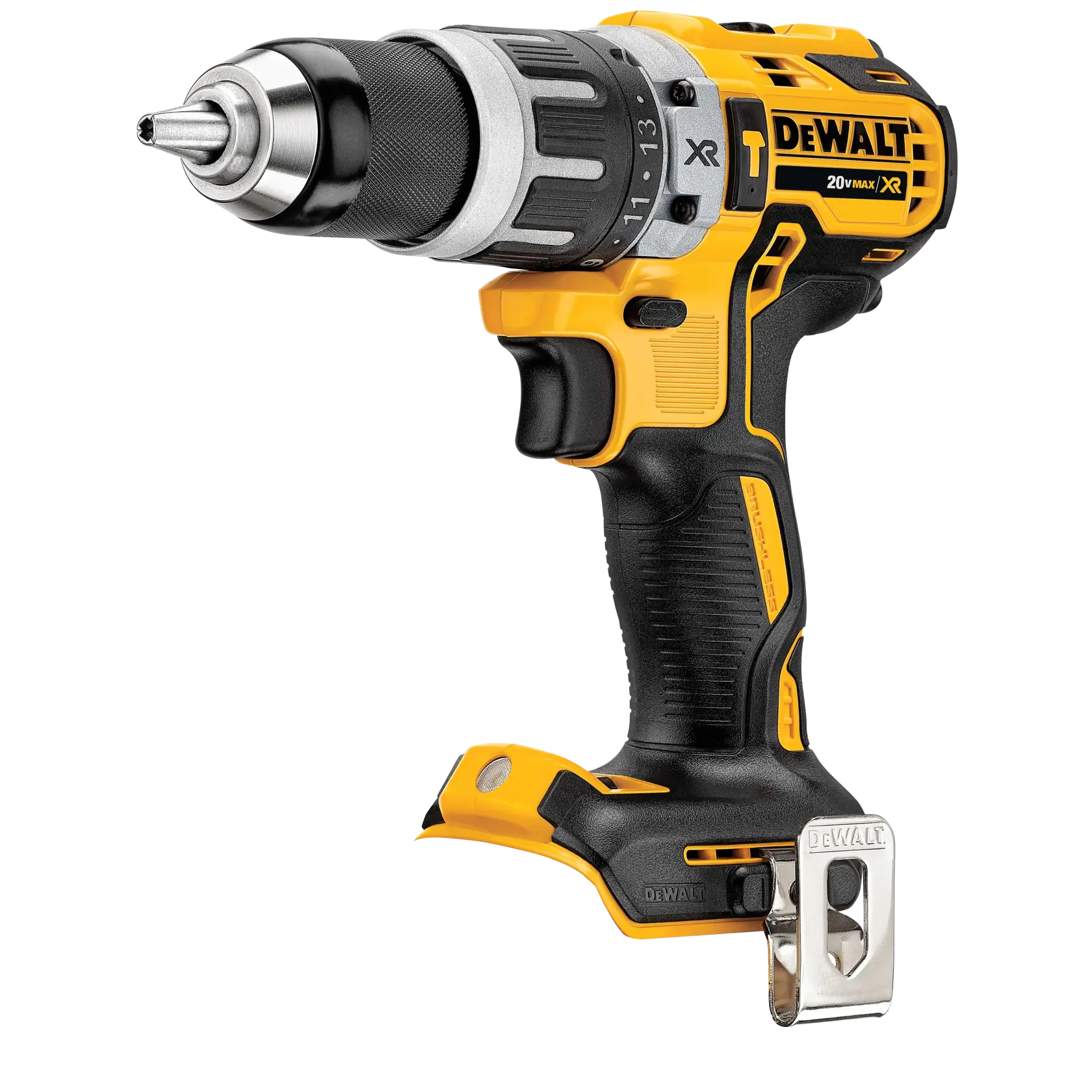 Taladro inalámbrico DEWALT 20V MAX XR con cuerpo amarillo y negro, portabrocas metálico, agarre ergonómico y clip para cinturón.
