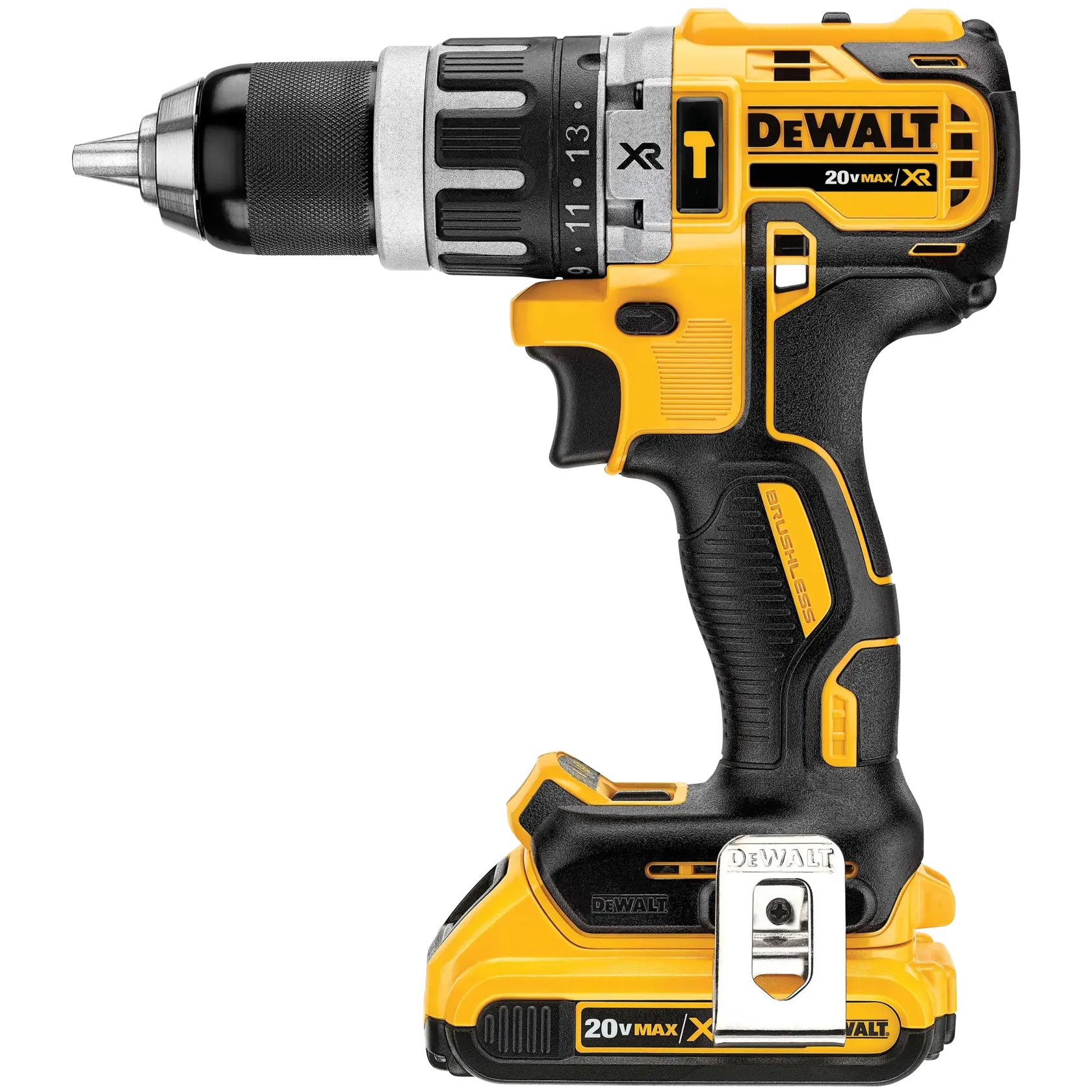 Un taladro inalámbrico amarillo y negro DEWALT 20V Max XR con motor sin escobillas, mostrado de perfil con la batería conectada.