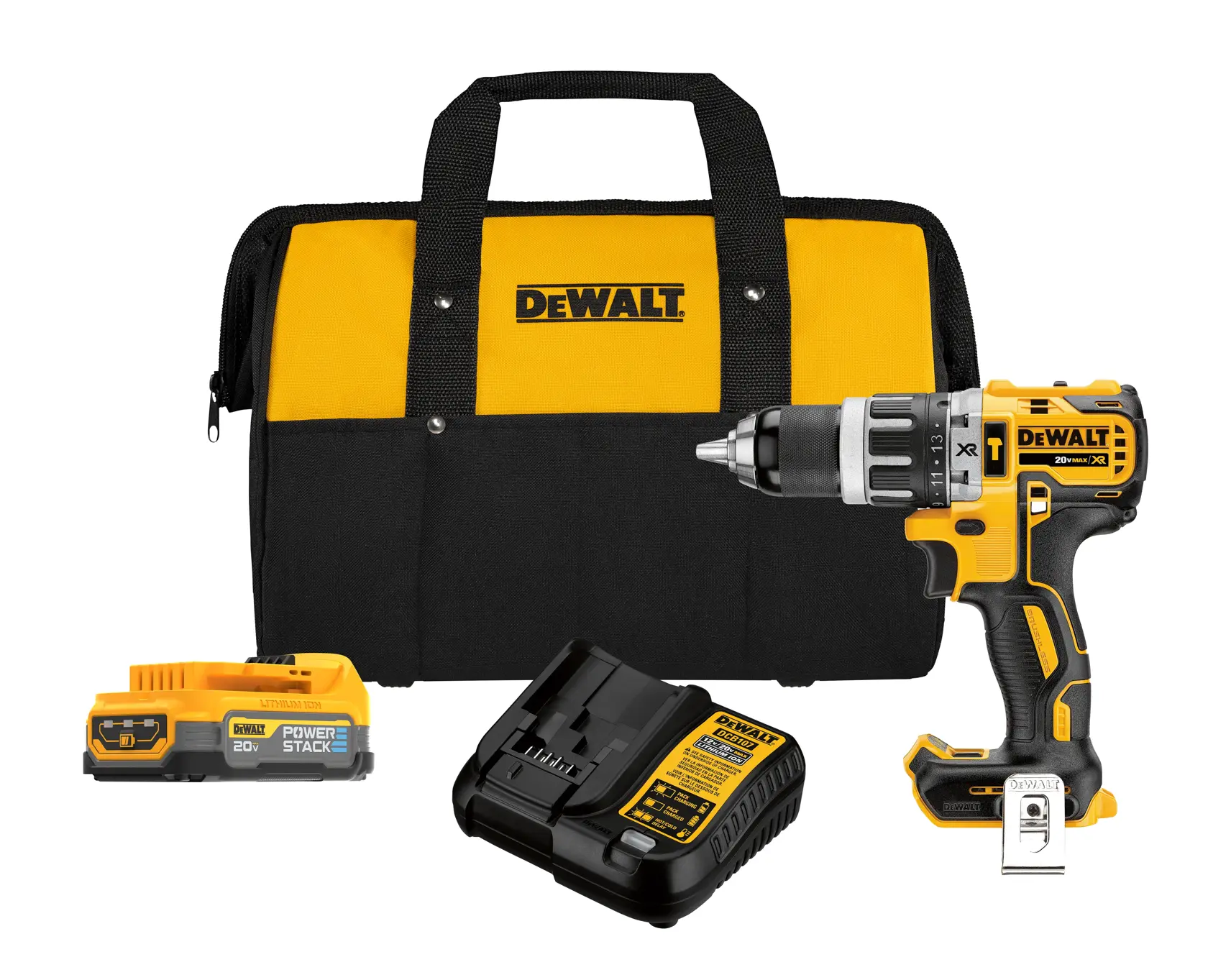 Kit de taladro DEWALT con bolsa, batería y cargador, mostrado en amarillo y negro.