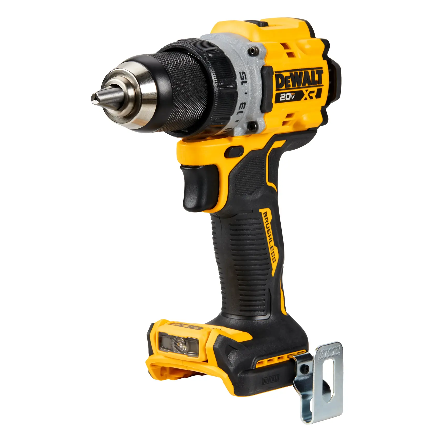Un taladro inalámbrico DEWALT 20V de color amarillo y negro con motor sin escobillas, mostrado sin batería y con un clip de cinturón metálico.