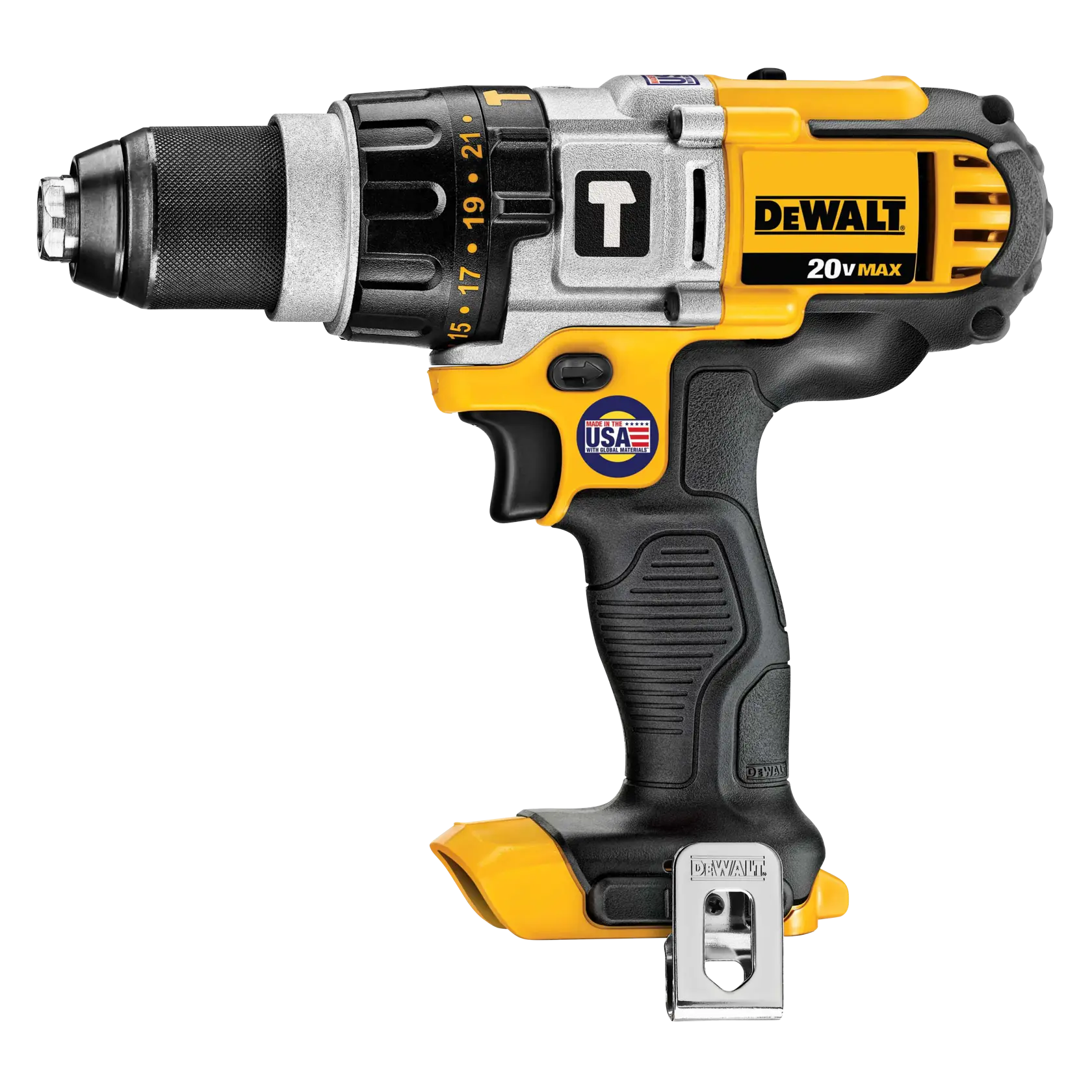 Taladro inalámbrico DEWALT 20V Max, modelo DCD985B, mostrado con diseño negro y amarillo, portabrocas sin llave y clip metálico para cinturón.