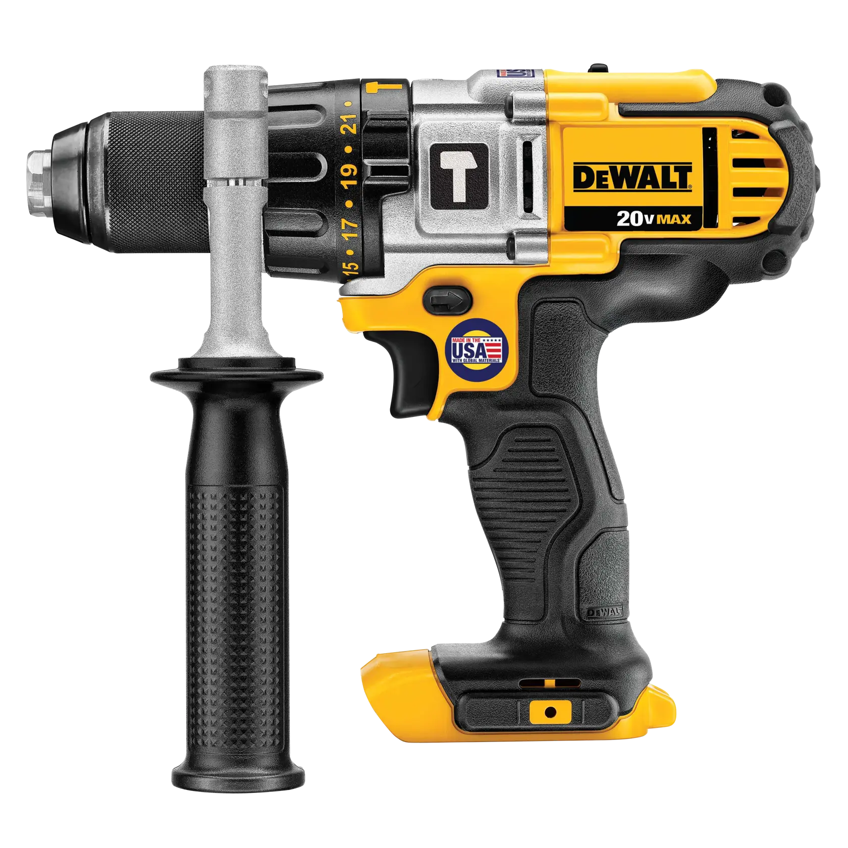 Taladro inalámbrico DEWALT 20V Max con empuñadura lateral, mostrado en color amarillo y negro, adecuado para tareas exigentes.