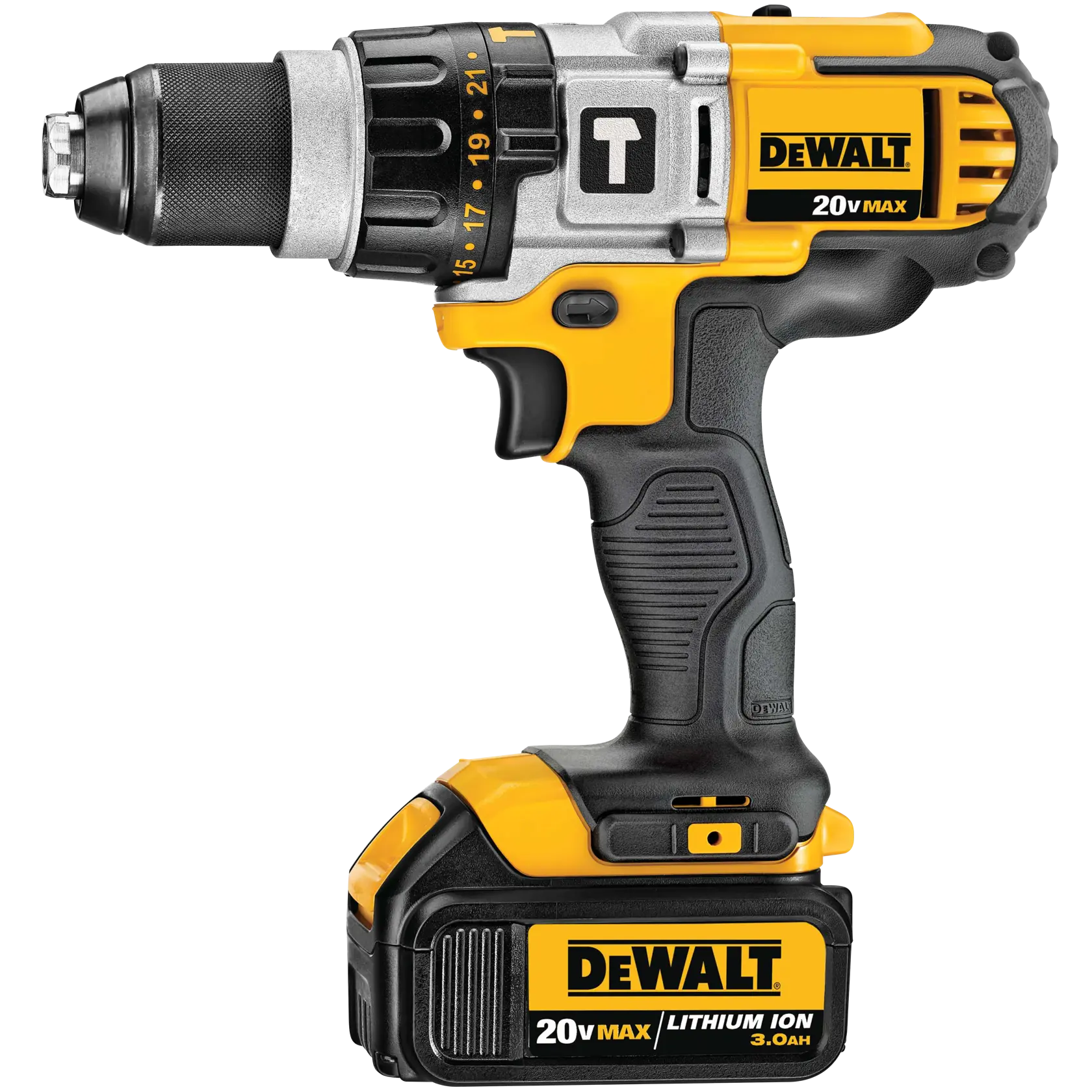 Taladro inalámbrico DEWALT 20V MAX con batería de litio, diseño ergonómico negro y amarillo.