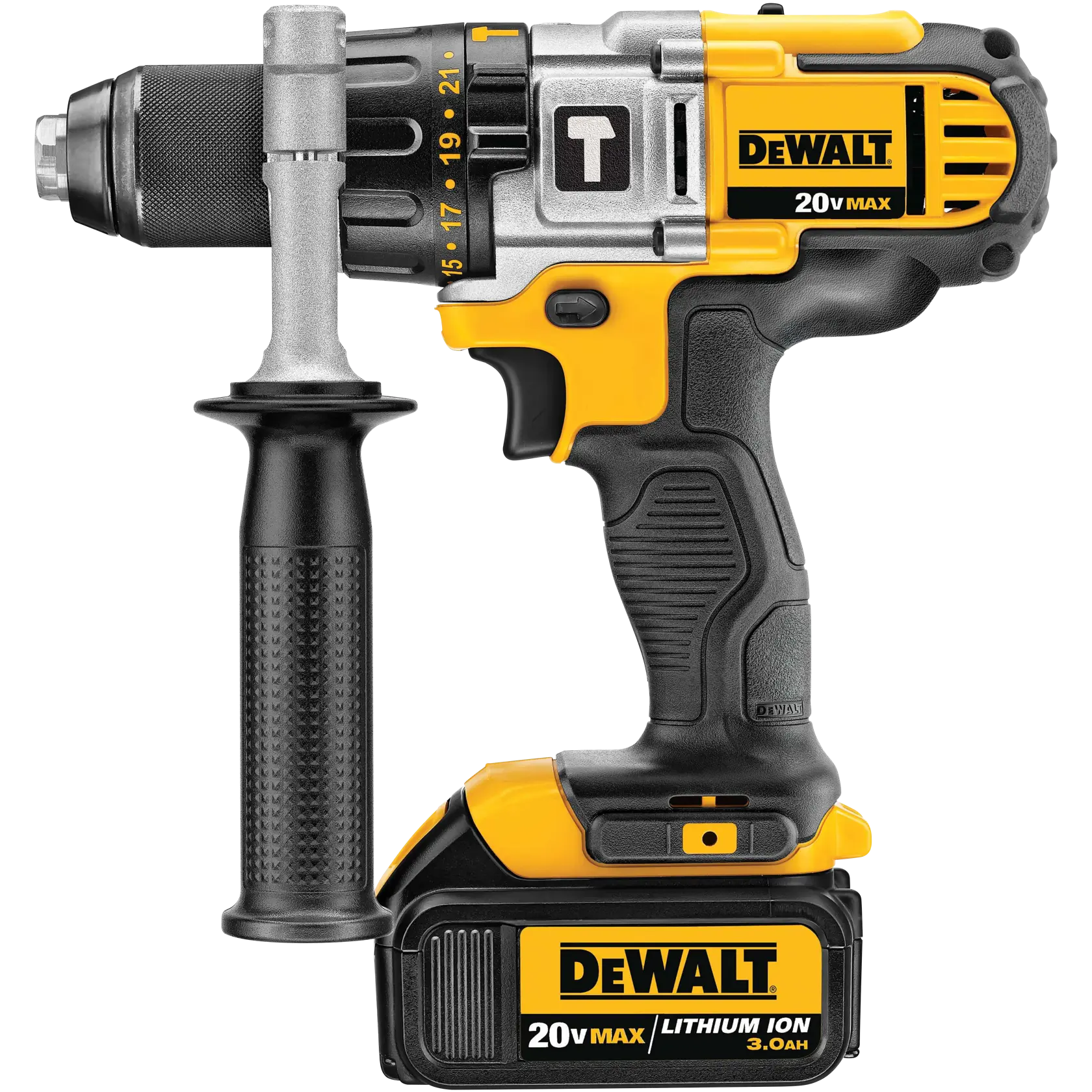 Un taladro inalámbrico DEWALT 20V Max amarillo y negro con mango lateral y batería de ion de litio, modelo DCD985L2.